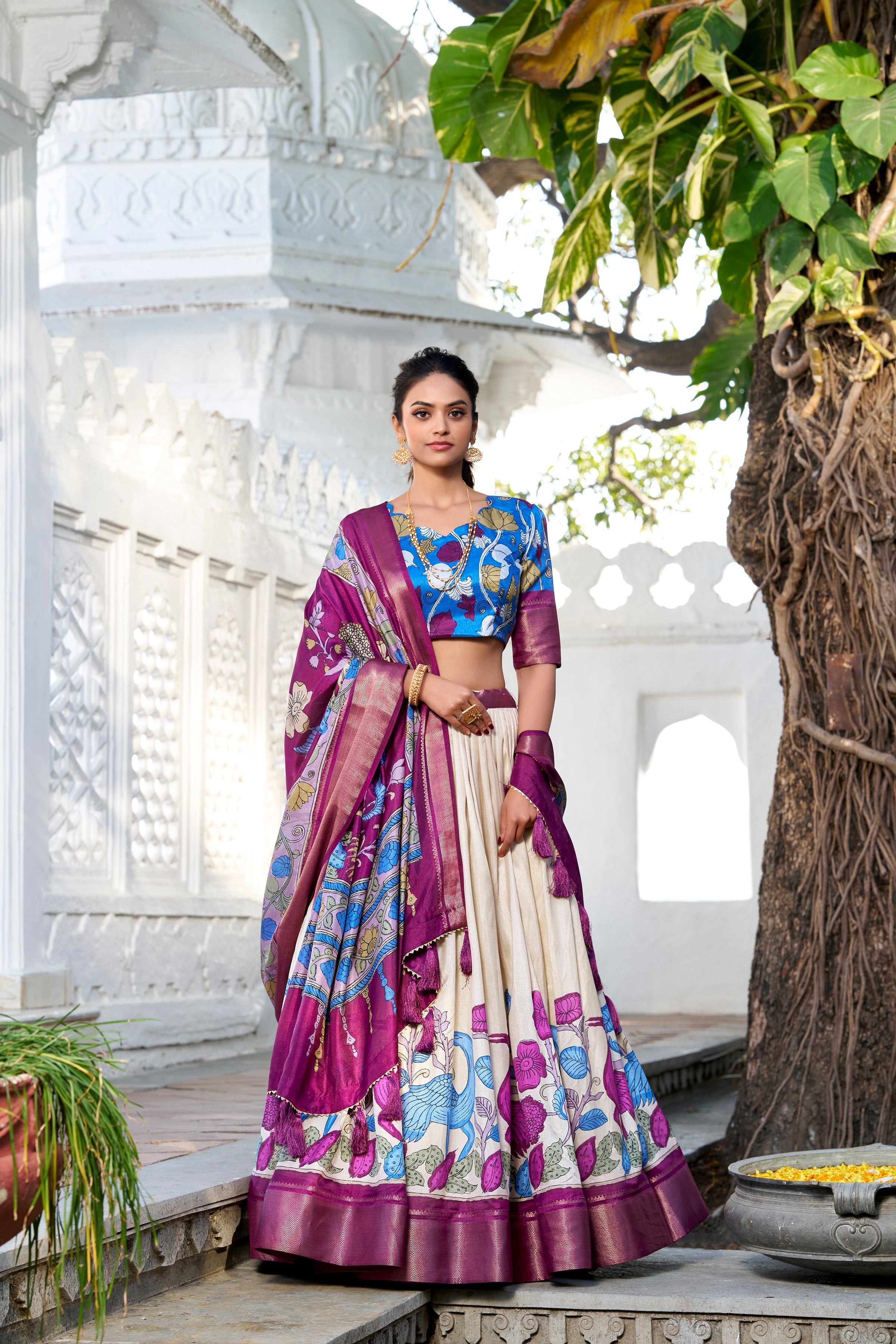 Off White Color Printed With Zari Weaving Border Jacquard Silk Lehenga Choli