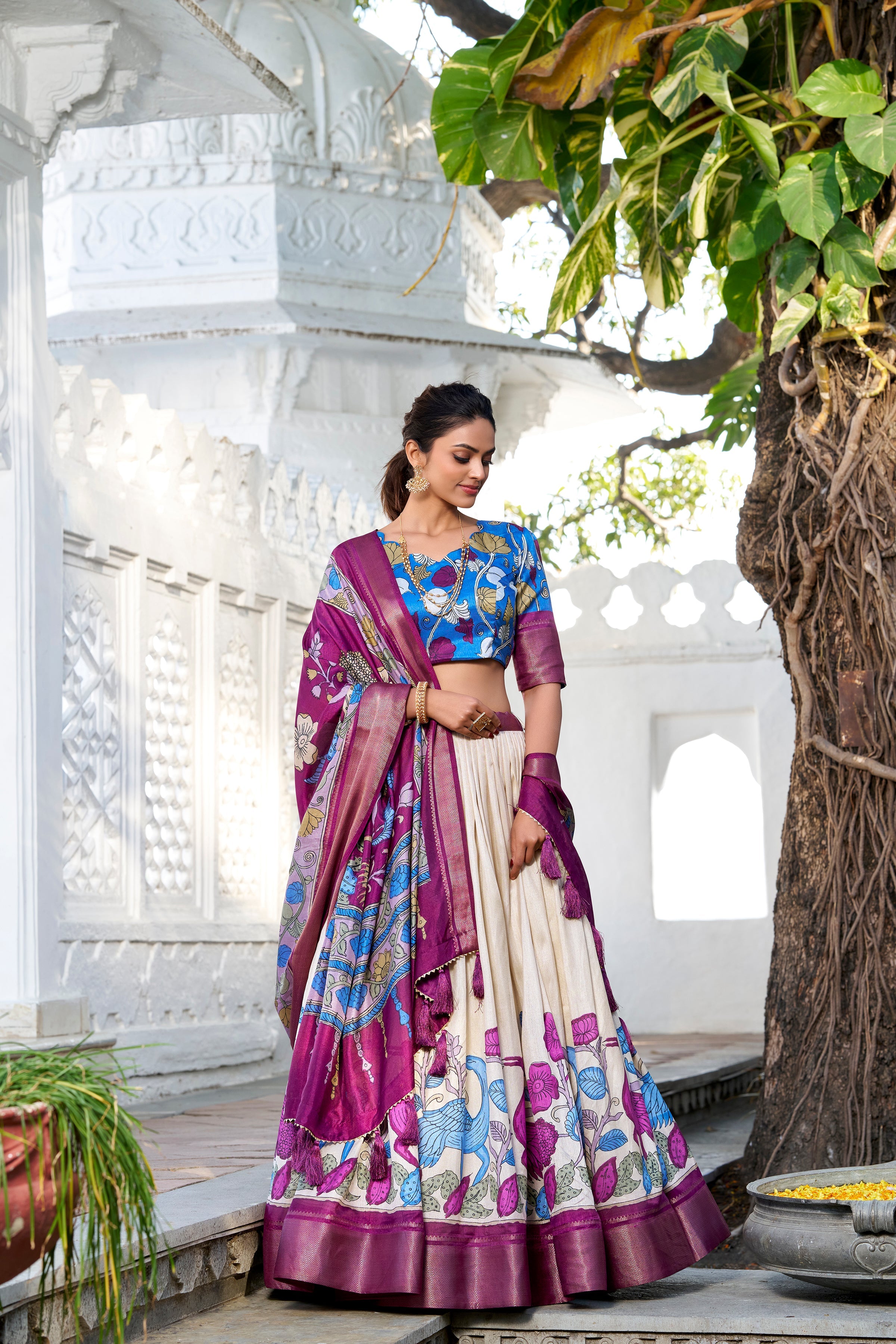 Off White Color Printed With Zari Weaving Border Jacquard Silk Lehenga Choli