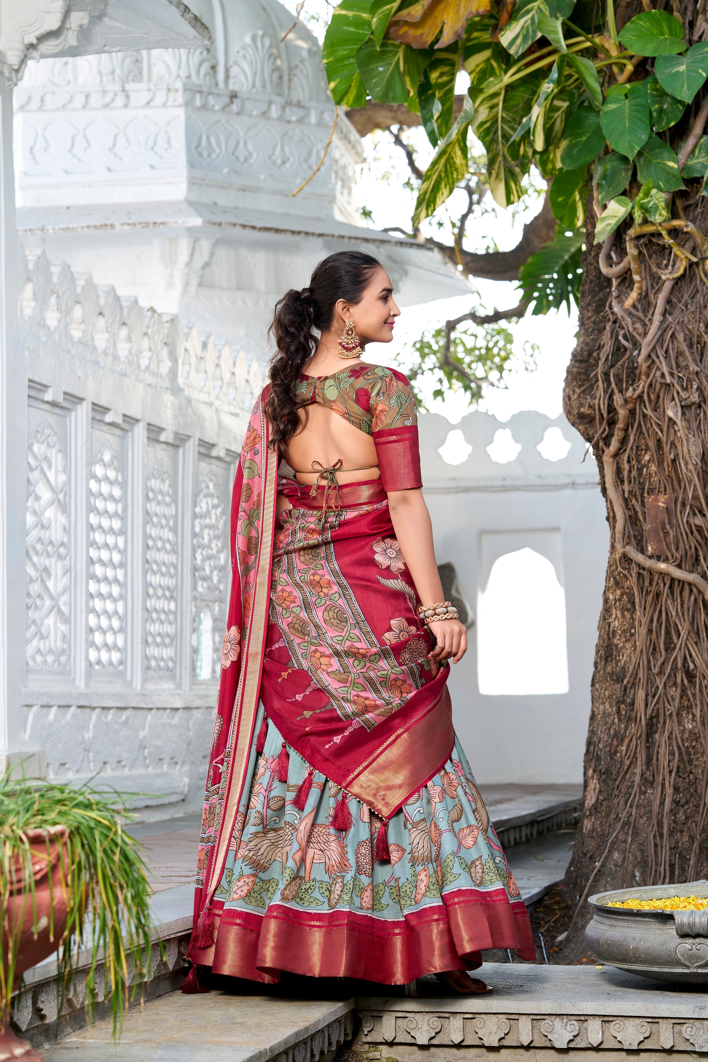 Sea Green Color Printed With Zari Weaving Border Jacquard Silk Lehenga Choli