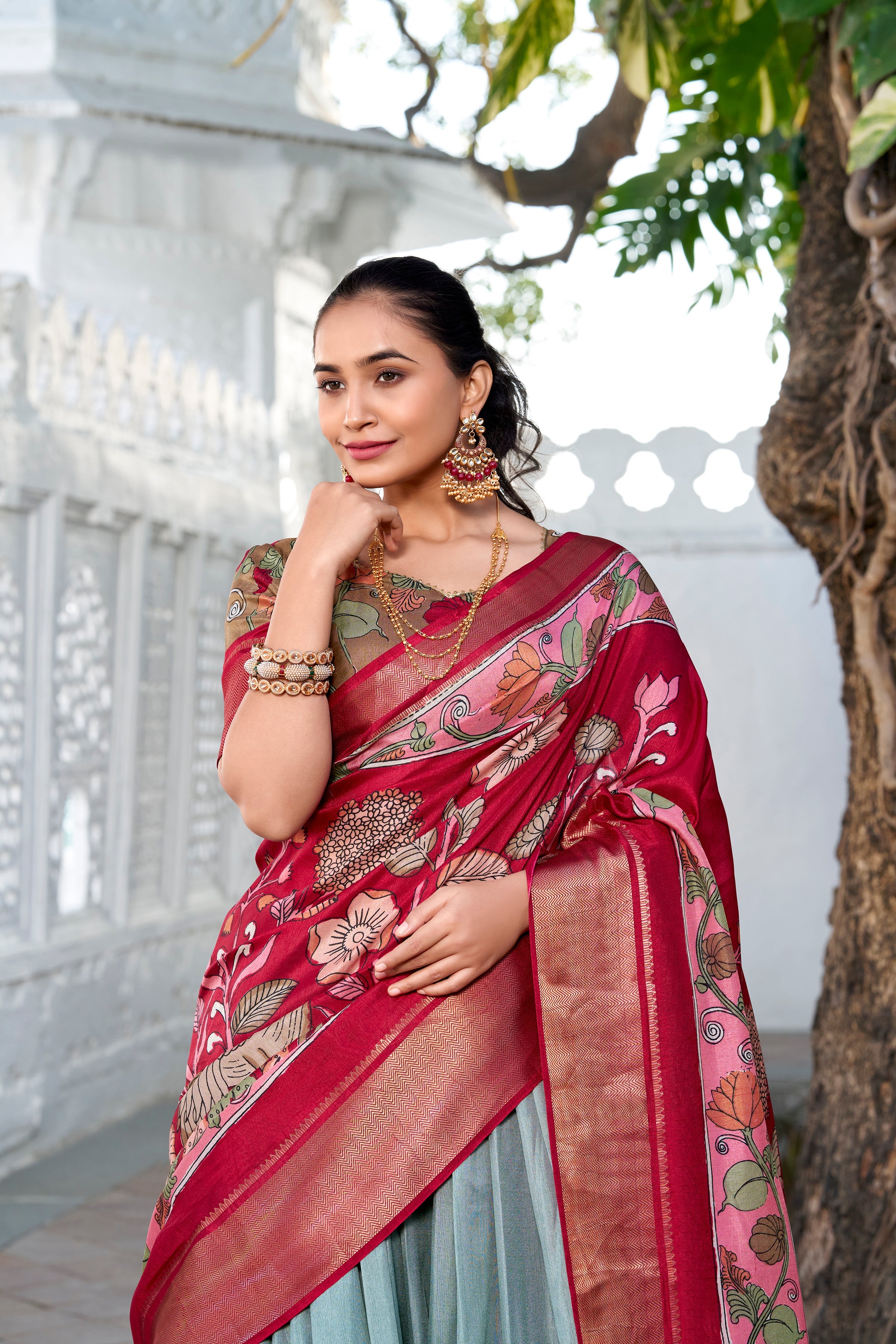 Sea Green Color Printed With Zari Weaving Border Jacquard Silk Lehenga Choli