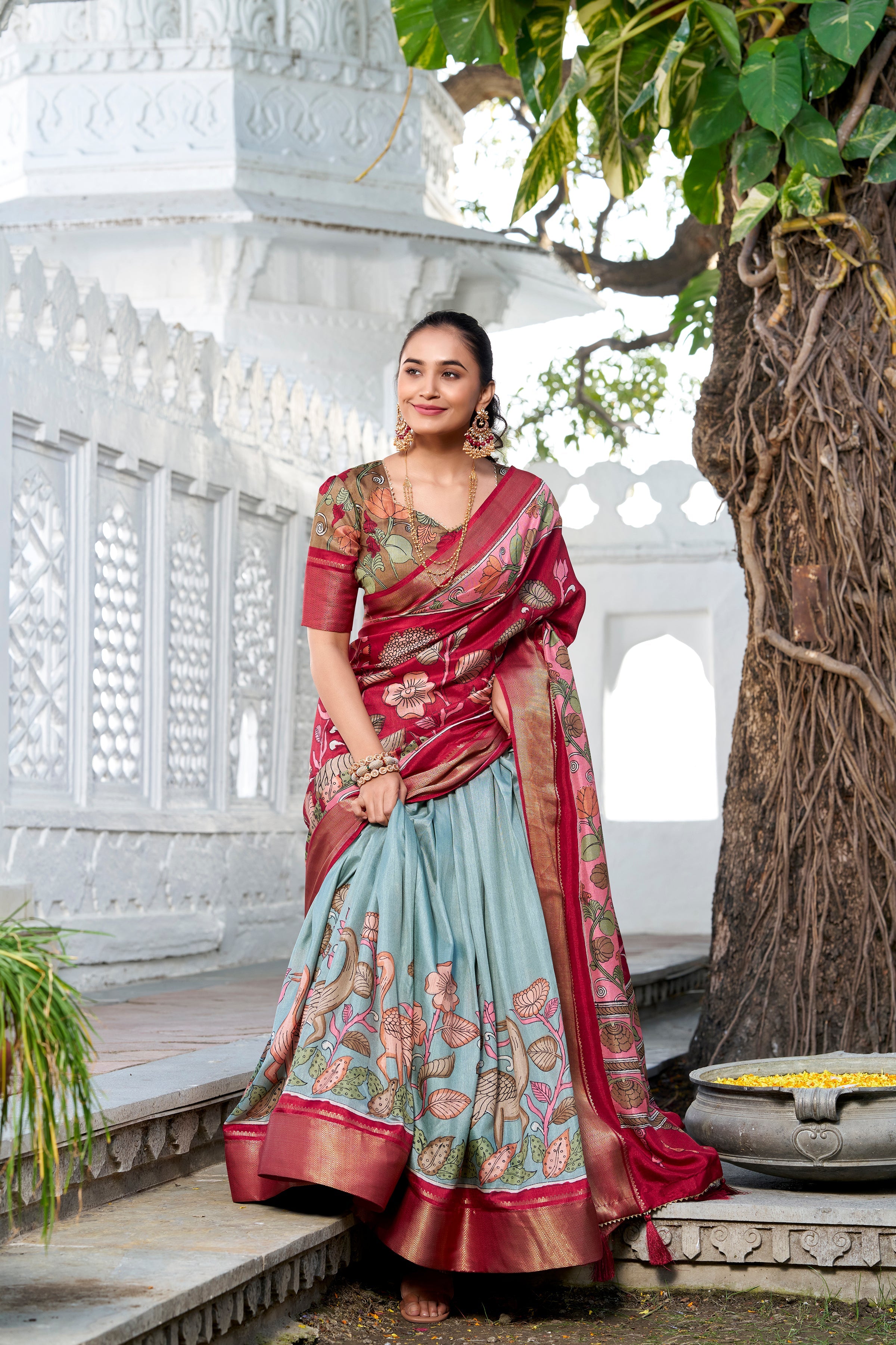 Sea Green Color Printed With Zari Weaving Border Jacquard Silk Lehenga Choli