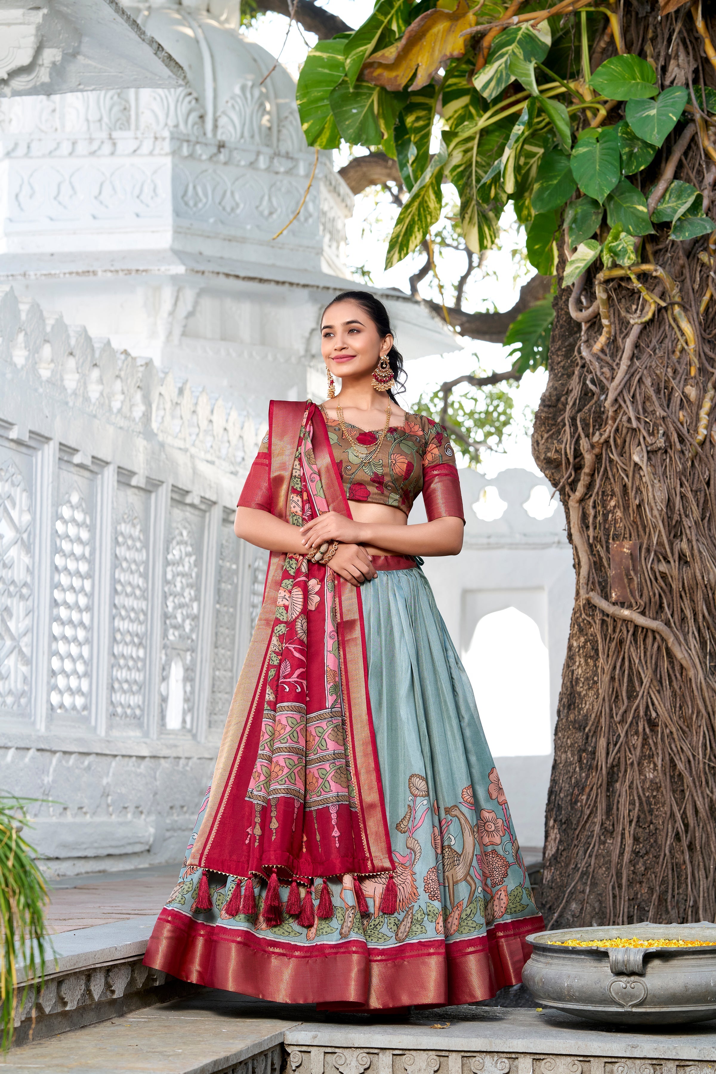 Sea Green Color Printed With Zari Weaving Border Jacquard Silk Lehenga Choli