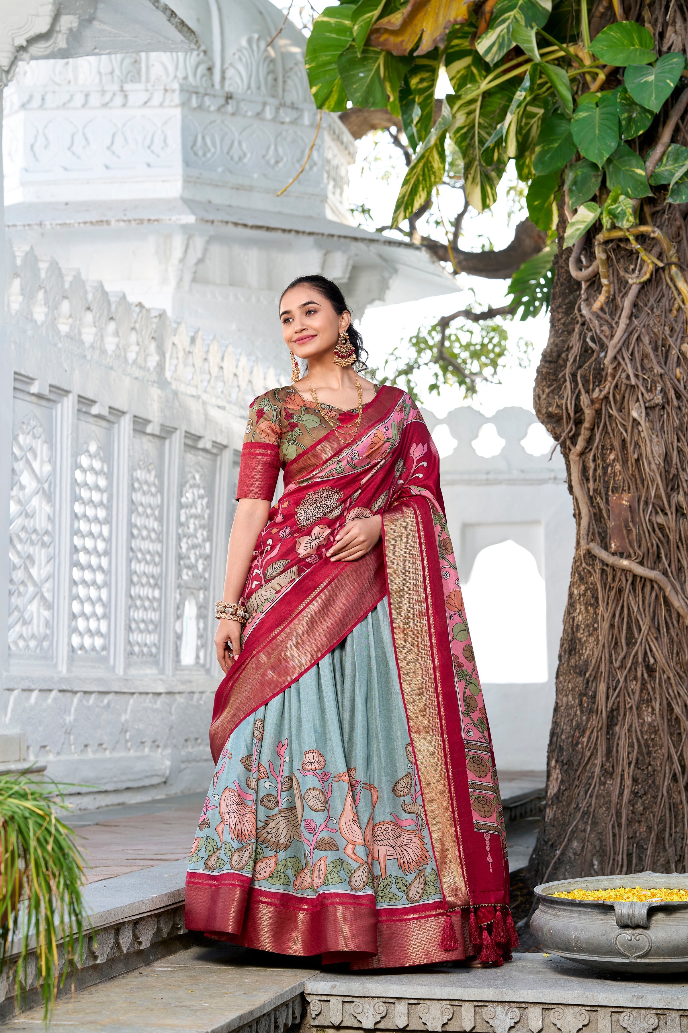 Sea Green Color Printed With Zari Weaving Border Jacquard Silk Lehenga Choli