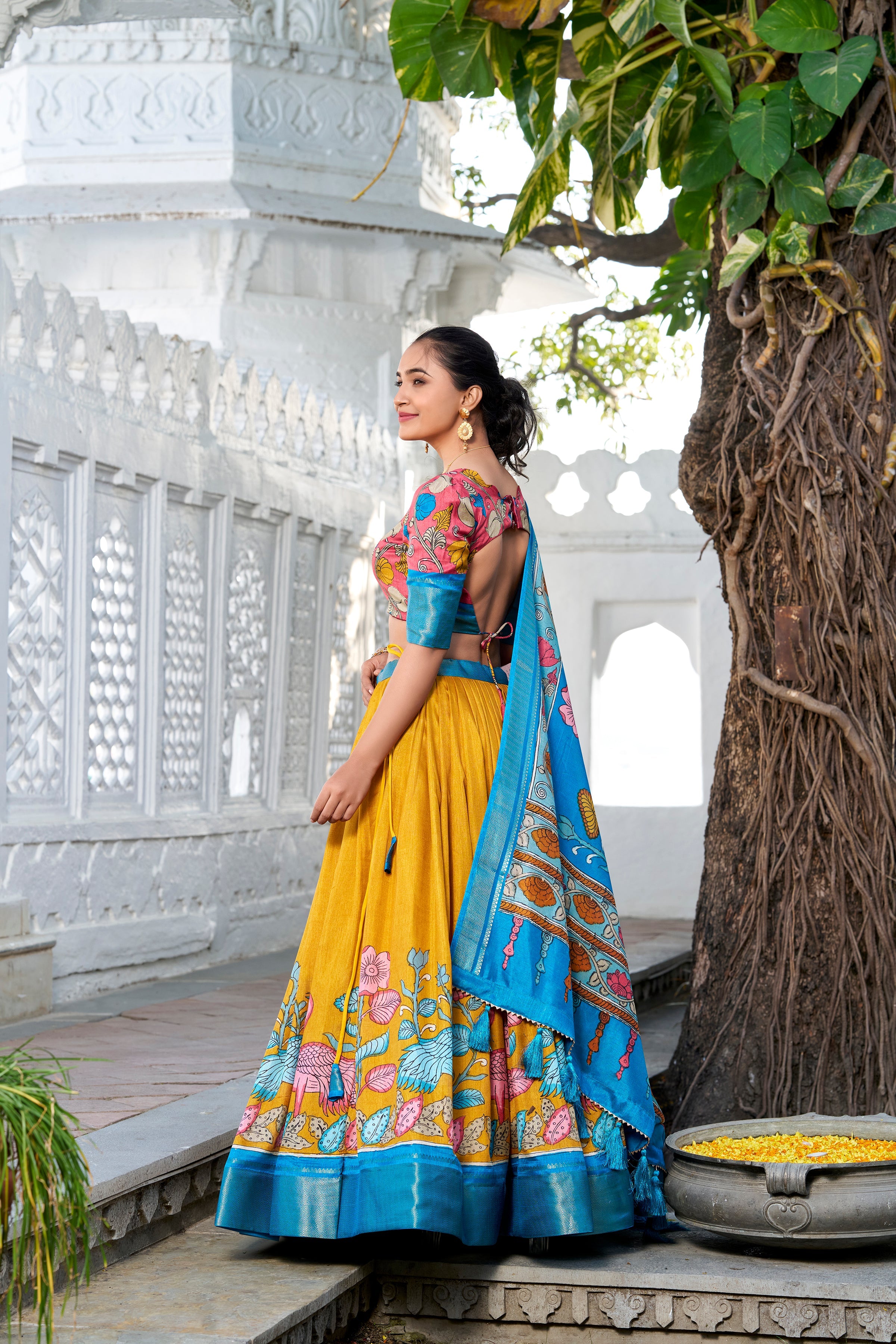Yellow Color Printed With Zari Weaving Border Jacquard Silk Lehenga Choli