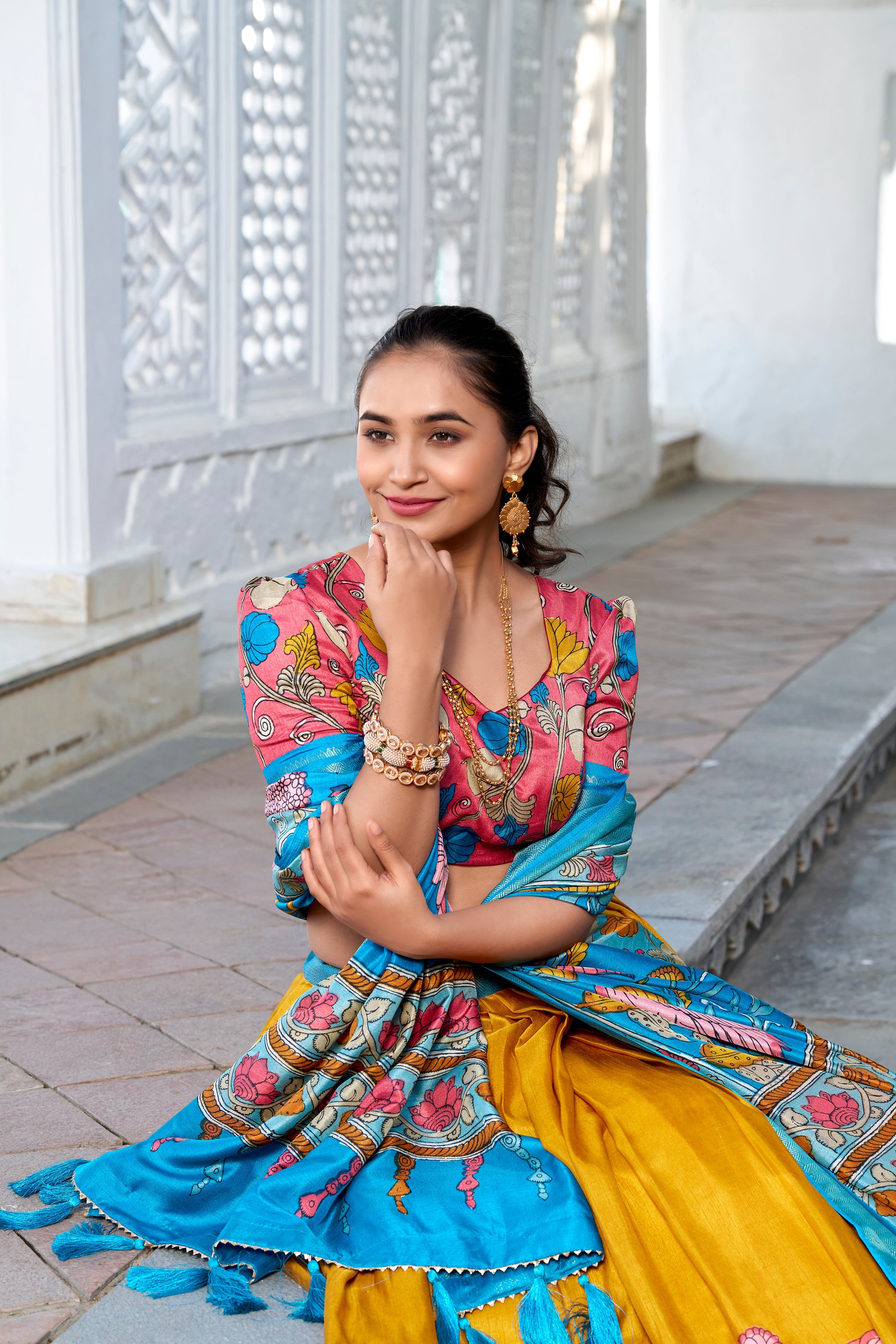 Yellow Color Printed With Zari Weaving Border Jacquard Silk Lehenga Choli