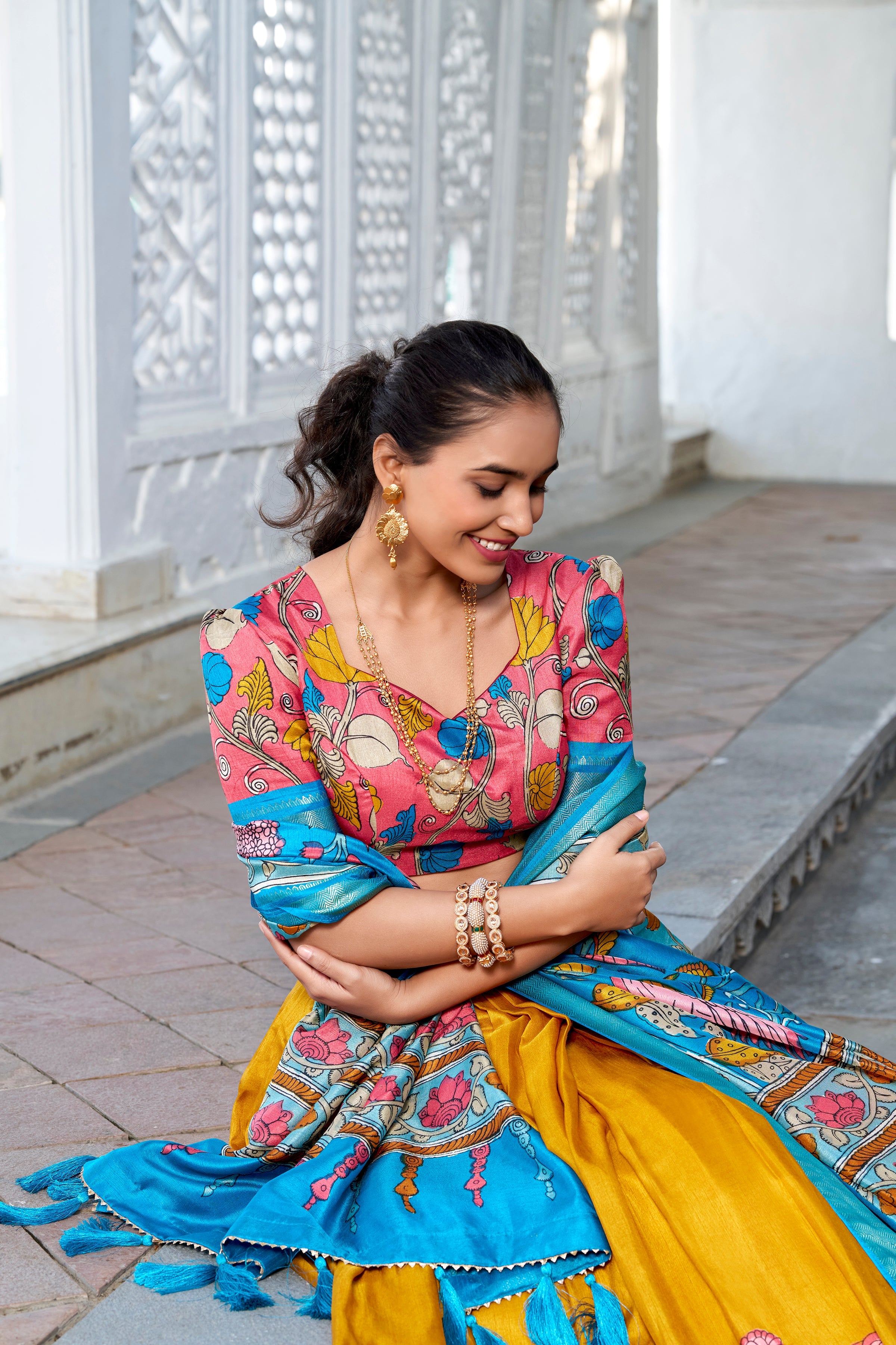 Yellow Color Printed With Zari Weaving Border Jacquard Silk Lehenga Choli