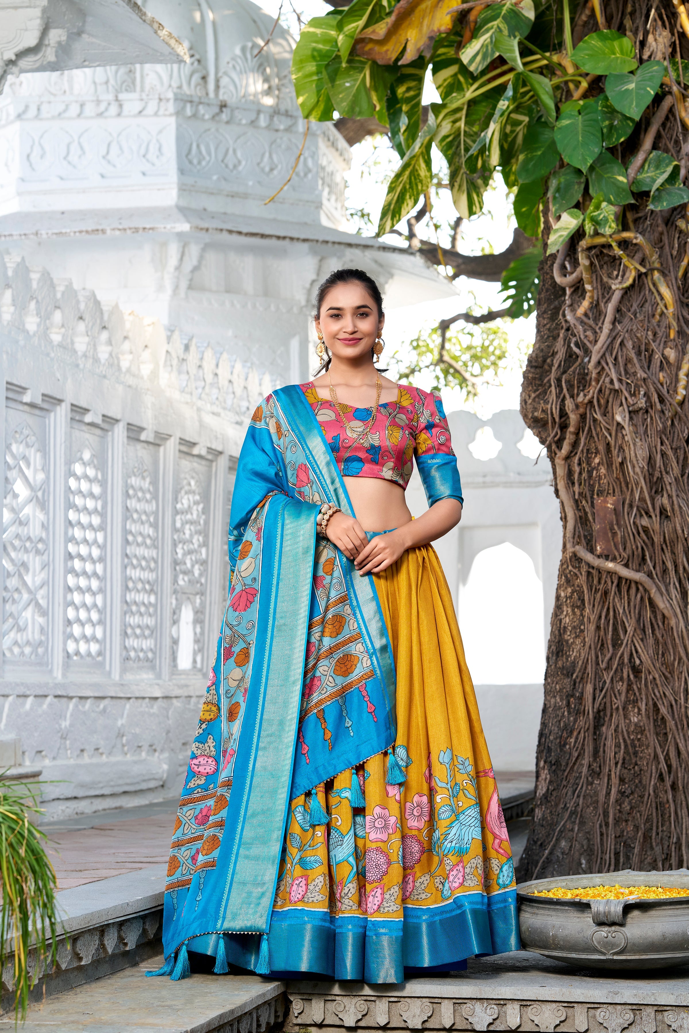 Yellow Color Printed With Zari Weaving Border Jacquard Silk Lehenga Choli
