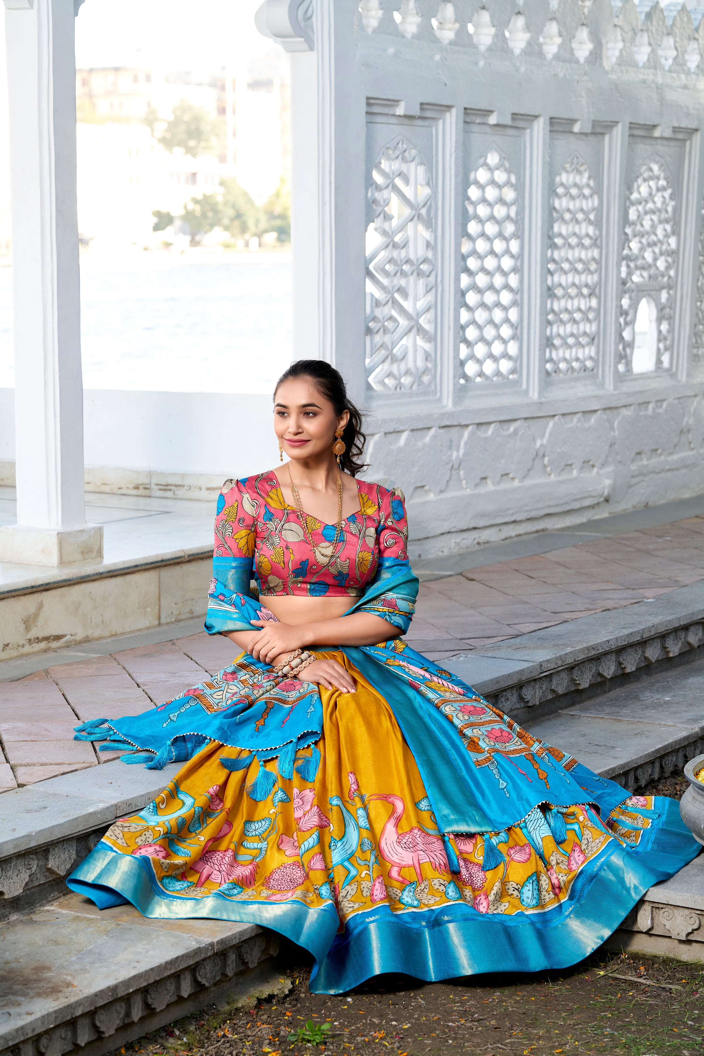 Yellow Color Printed With Zari Weaving Border Jacquard Silk Lehenga Choli