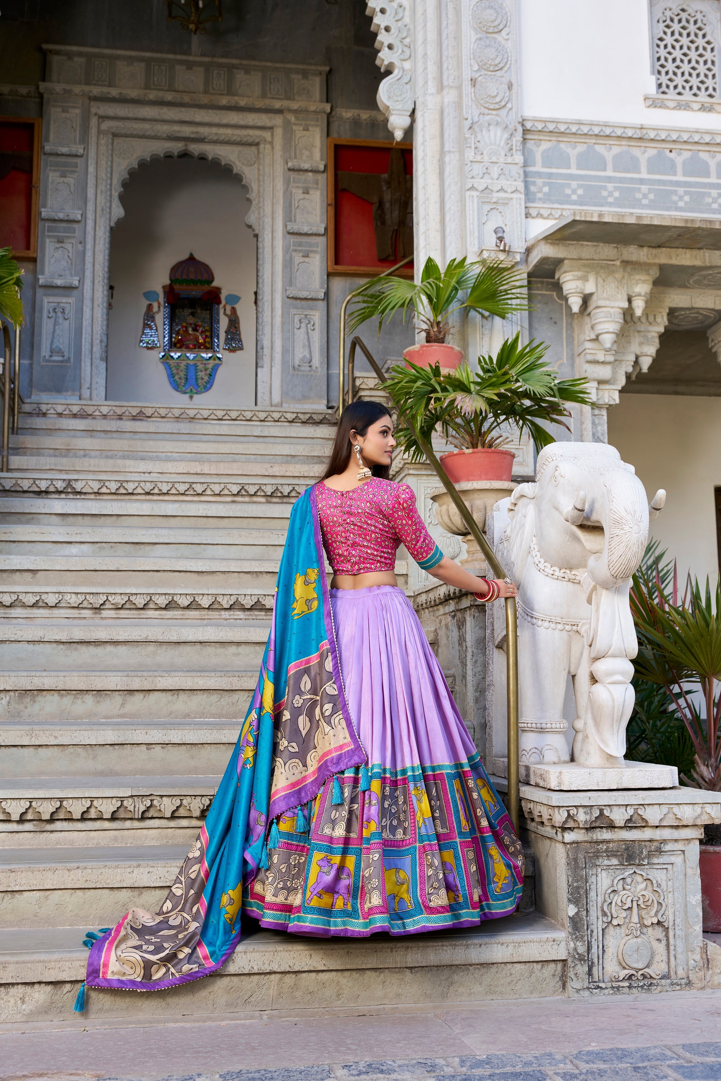 Lavender Kalamkari Lehenga in Tussar Silk With Foil Work Lehenga