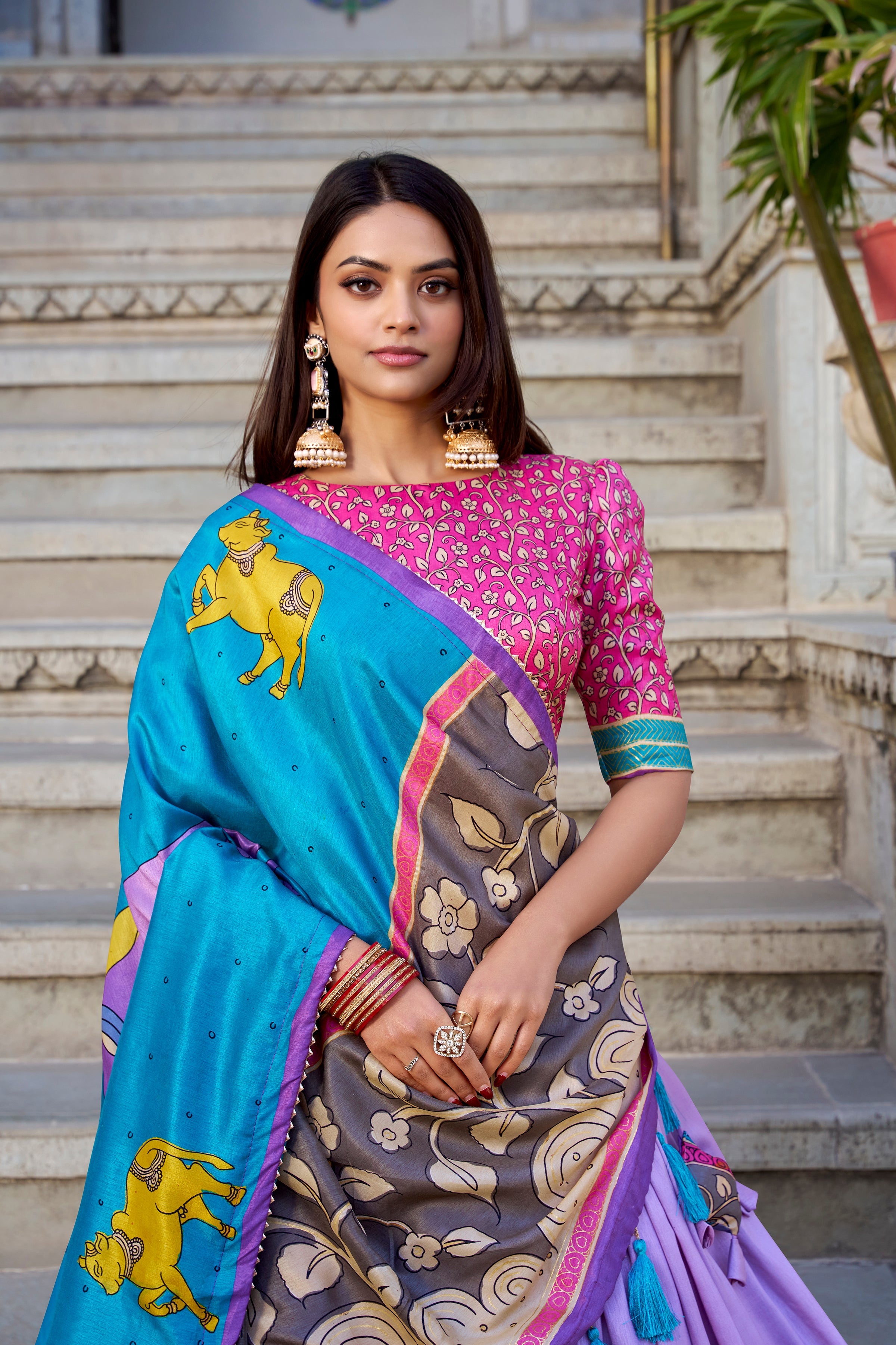 Lavender Kalamkari Lehenga in Tussar Silk With Foil Work Lehenga
