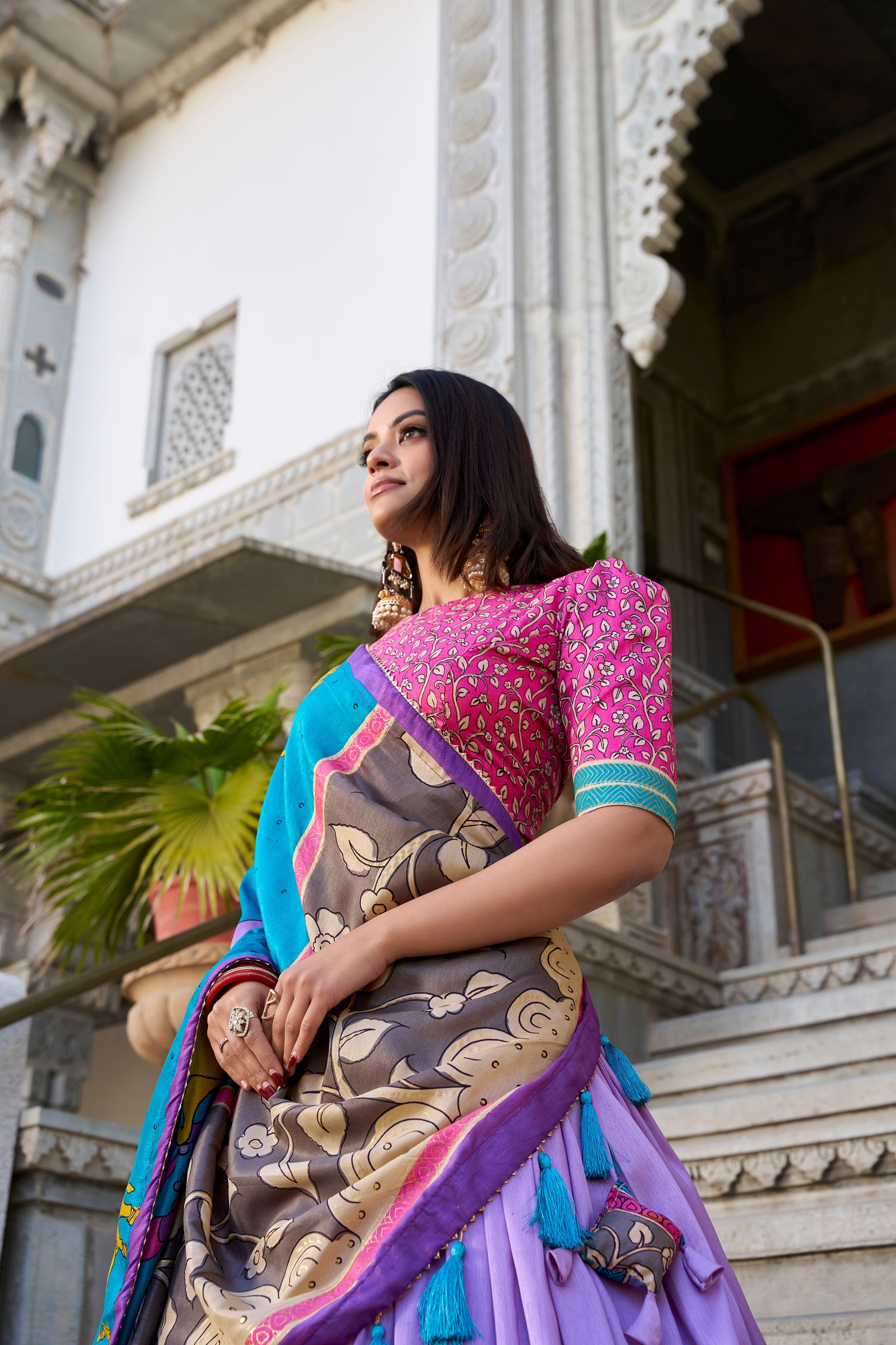 Lavender Kalamkari Lehenga in Tussar Silk With Foil Work Lehenga