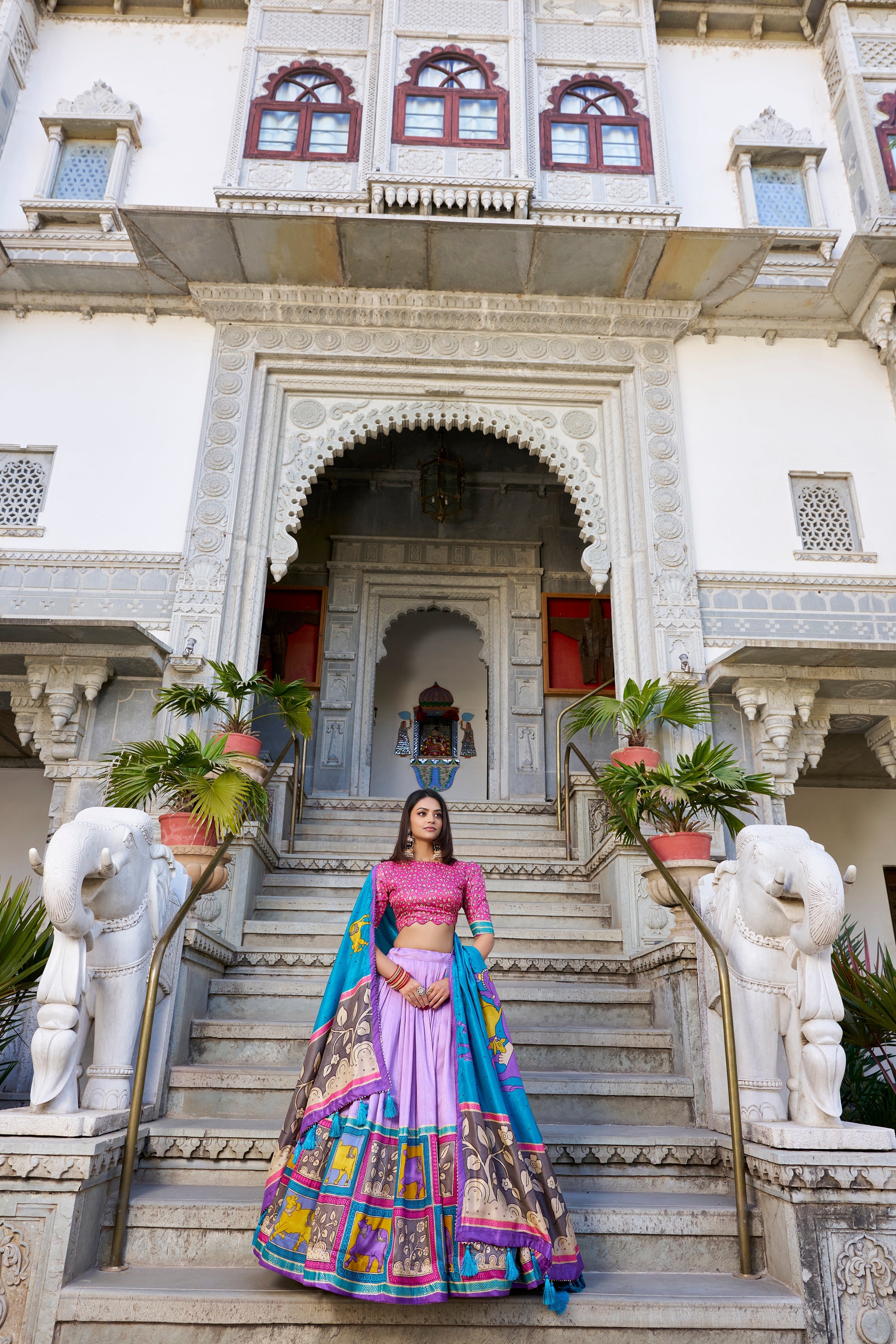 Lavender Kalamkari Lehenga in Tussar Silk With Foil Work Lehenga
