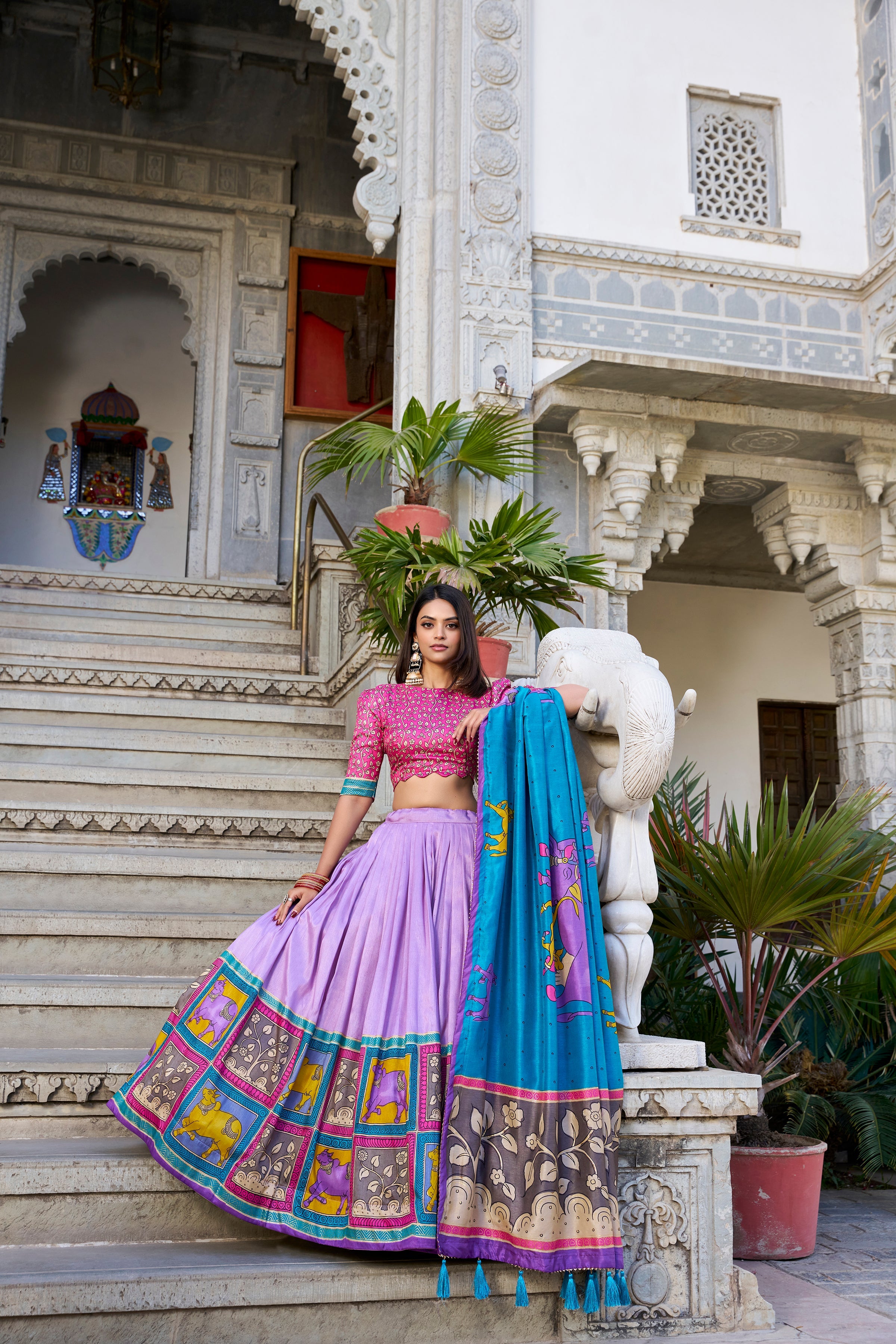 Lavender Kalamkari Lehenga in Tussar Silk With Foil Work Lehenga