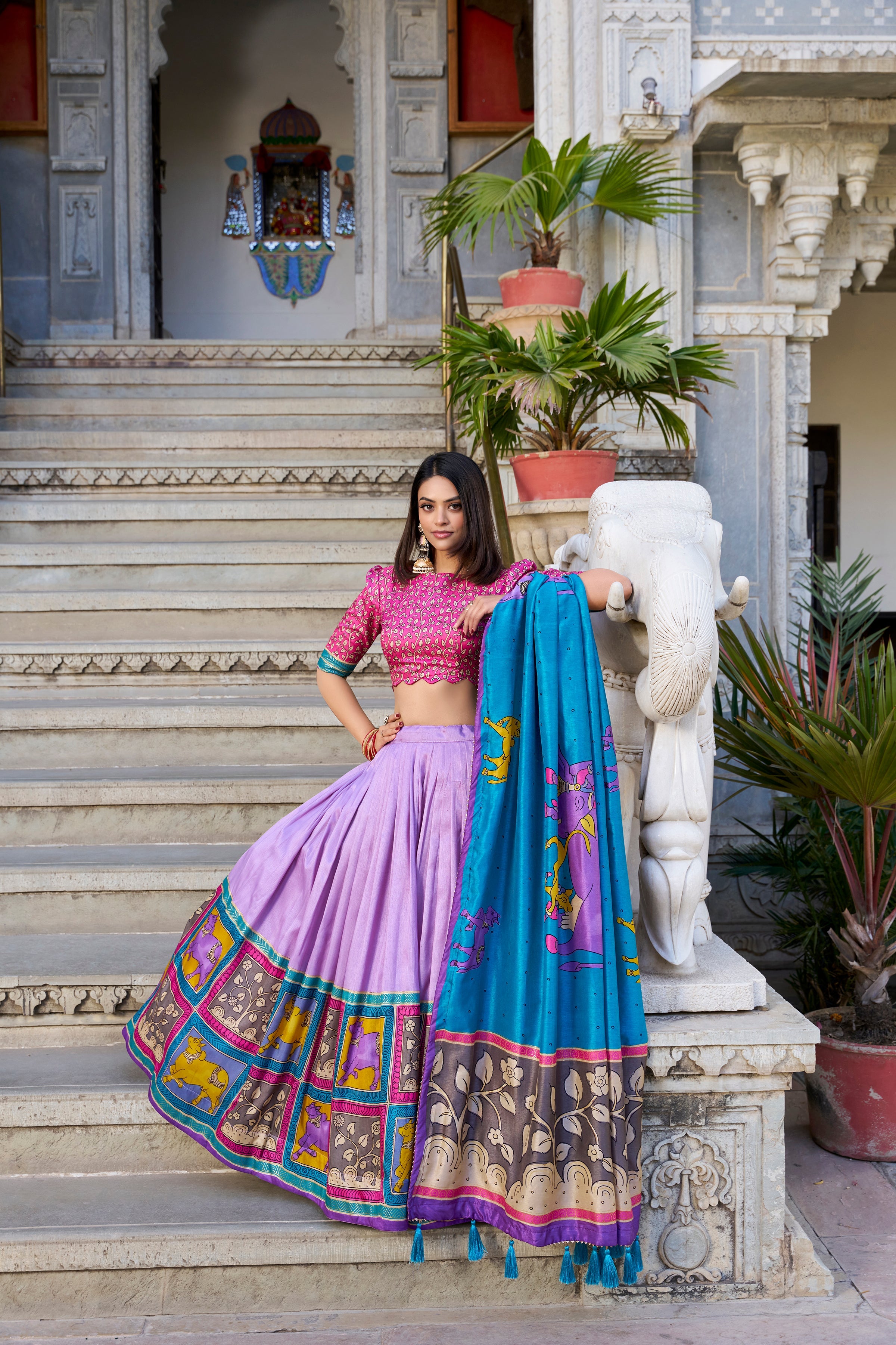 Lavender Kalamkari Lehenga in Tussar Silk With Foil Work Lehenga