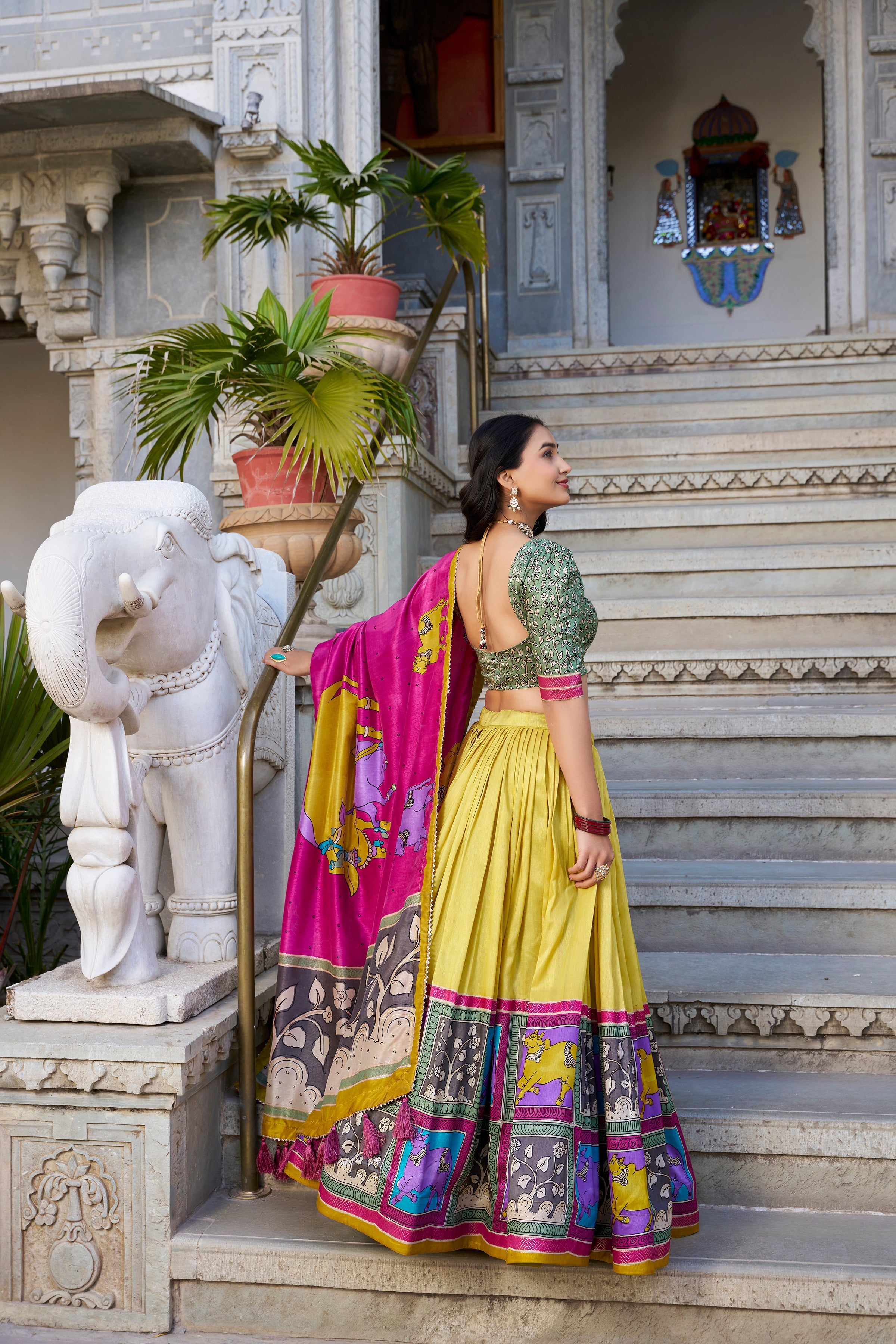 Mustard Kalamkari Lehenga in Tussar Silk With Foil Work Lehenga