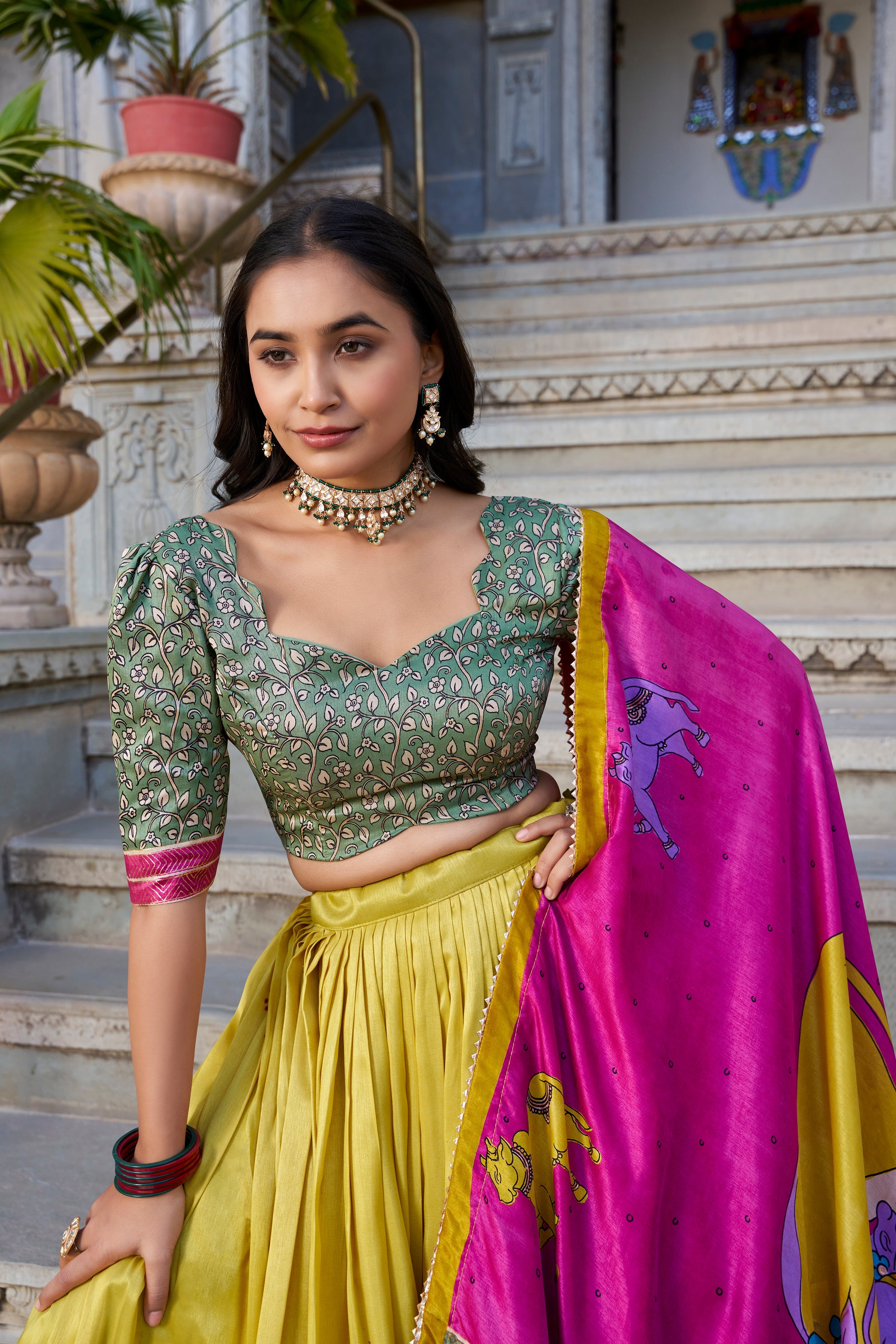 Mustard Kalamkari Lehenga in Tussar Silk With Foil Work Lehenga