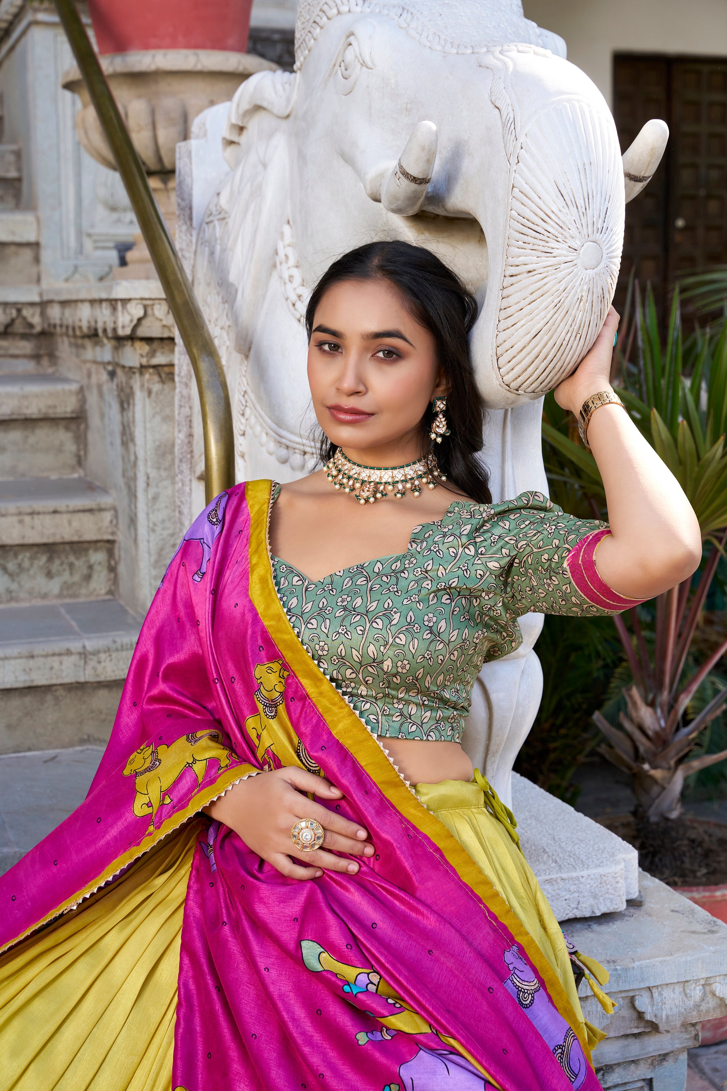 Mustard Kalamkari Lehenga in Tussar Silk With Foil Work Lehenga