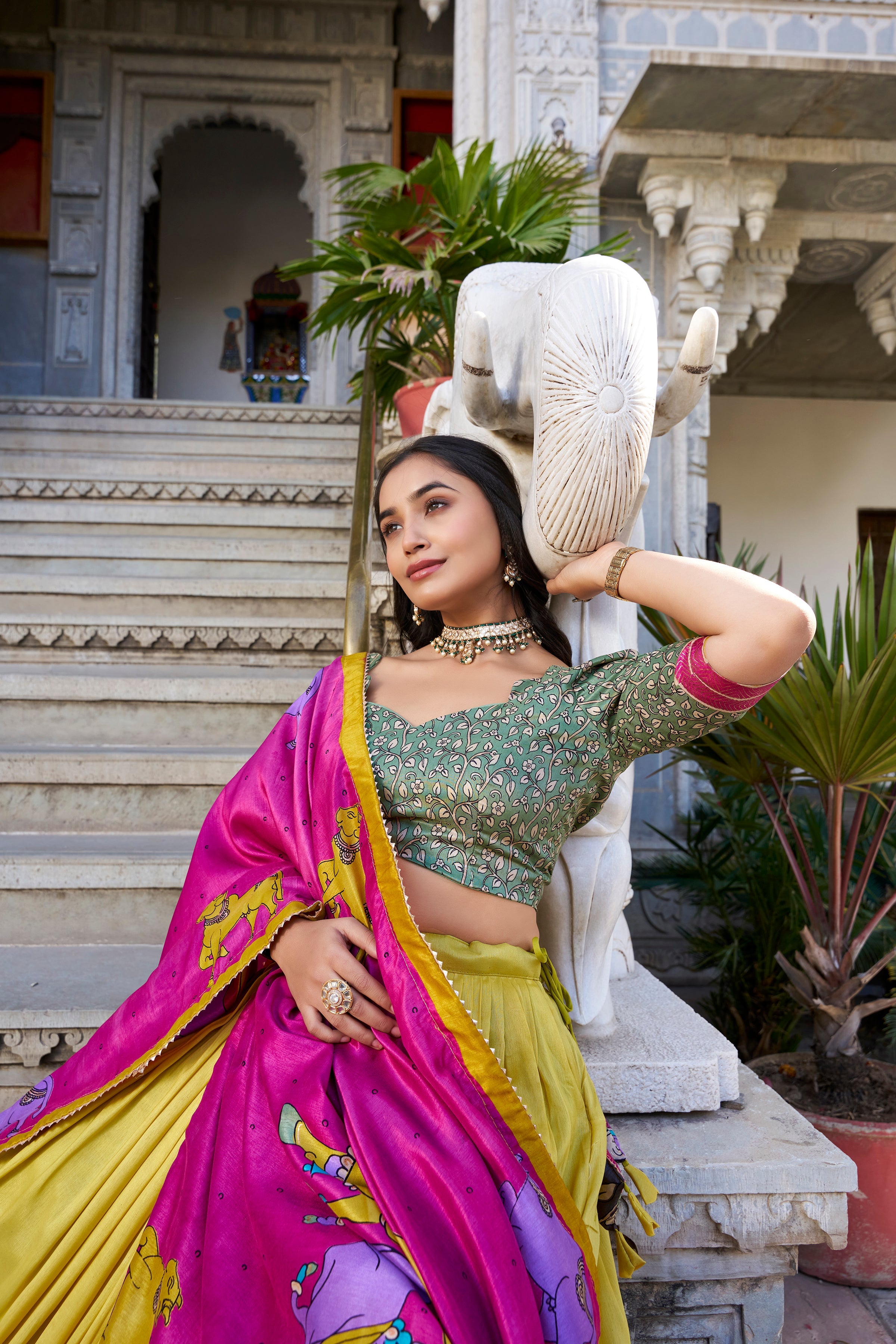 Mustard Kalamkari Lehenga in Tussar Silk With Foil Work Lehenga