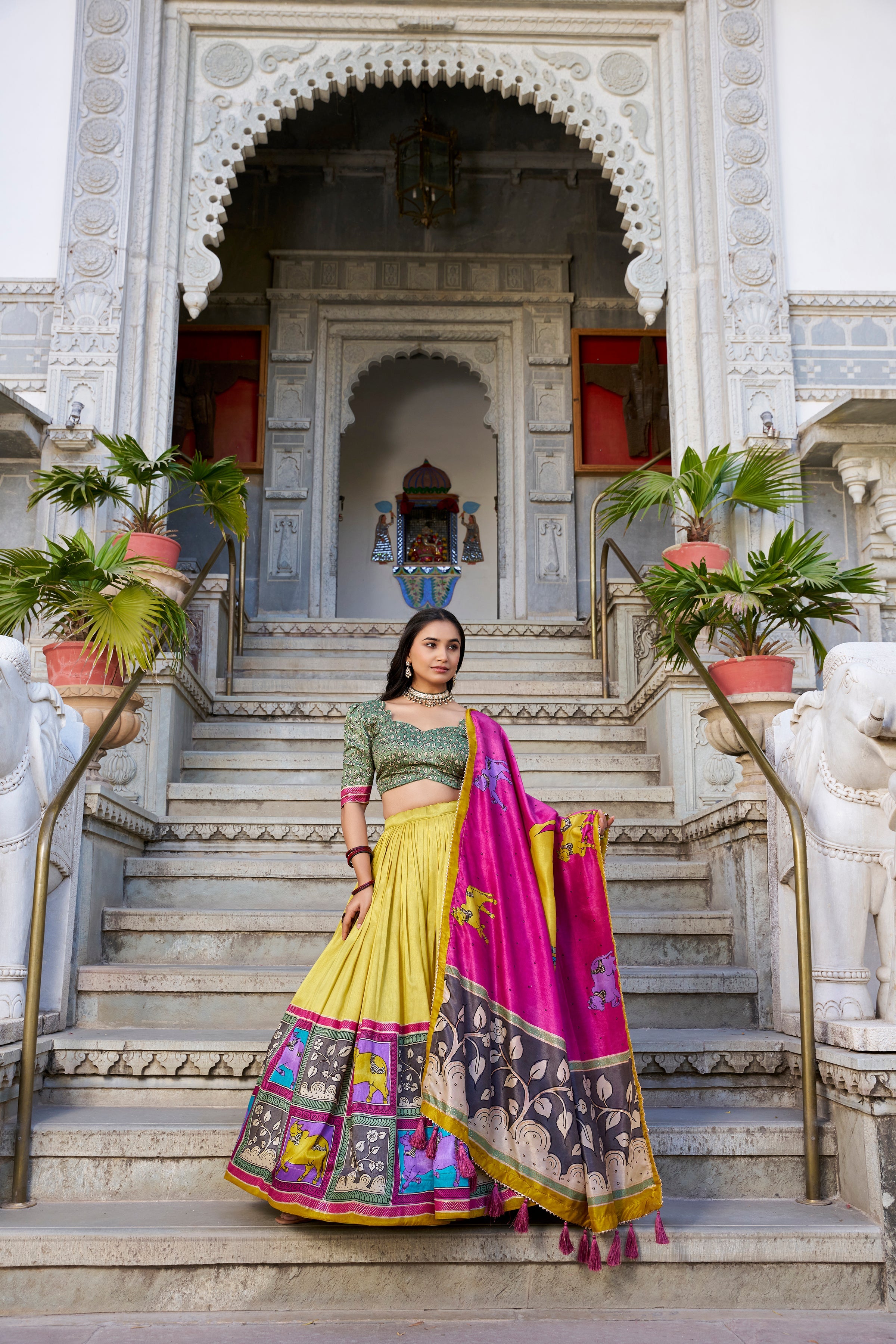 Mustard Kalamkari Lehenga in Tussar Silk With Foil Work Lehenga