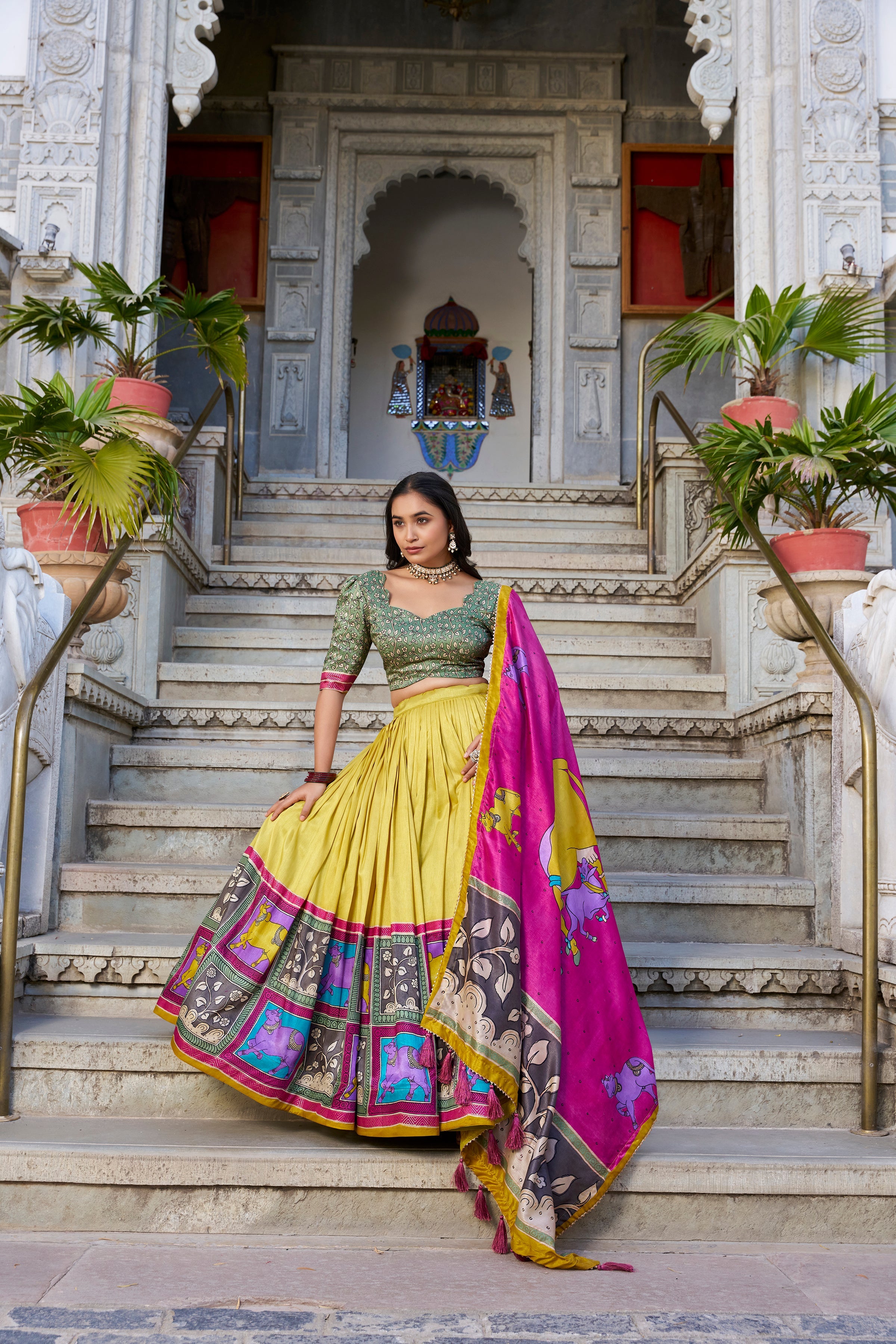 Mustard Kalamkari Lehenga in Tussar Silk With Foil Work Lehenga