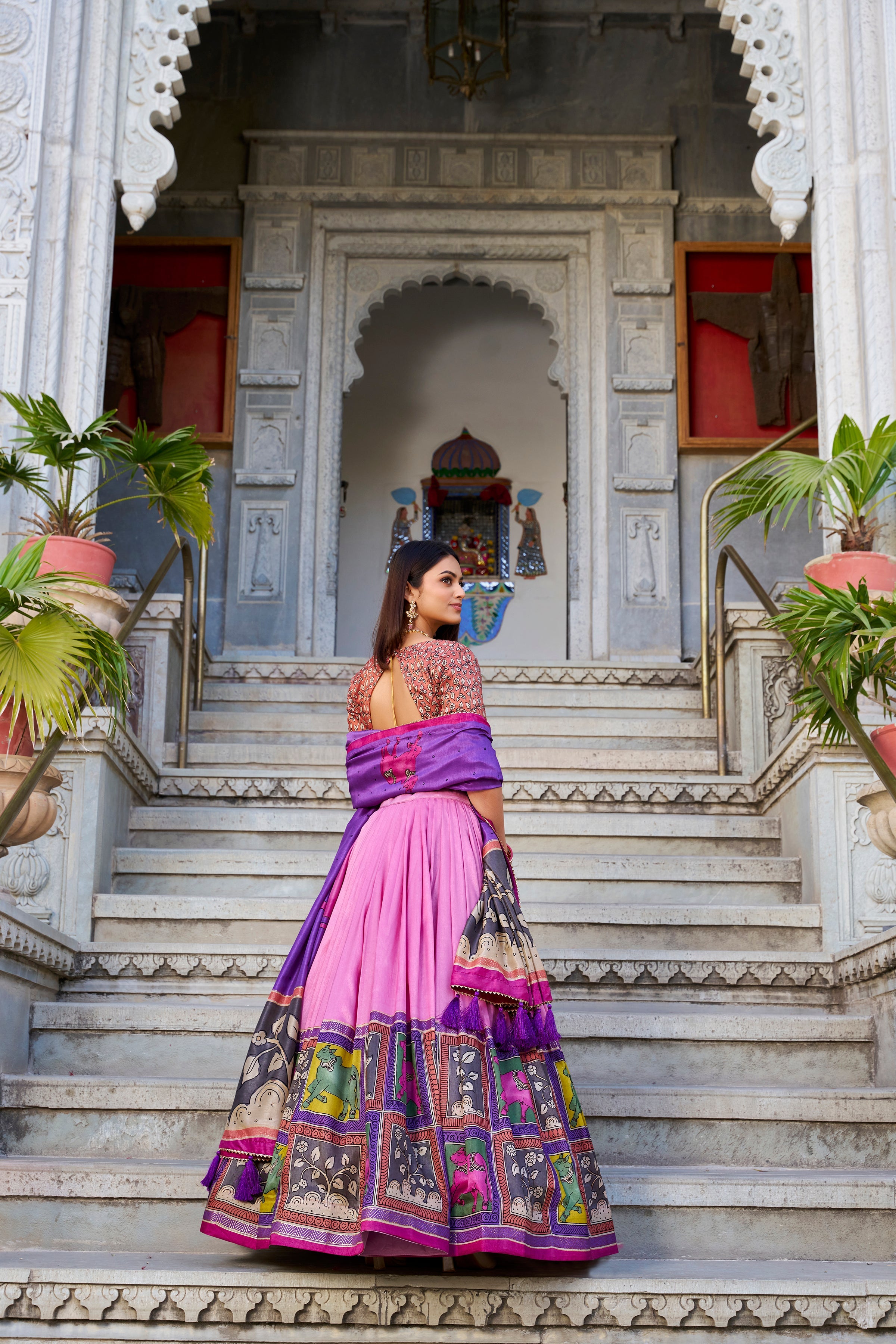 Peach Kalamkari Lehenga in Tussar Silk With Foil Work Lehenga