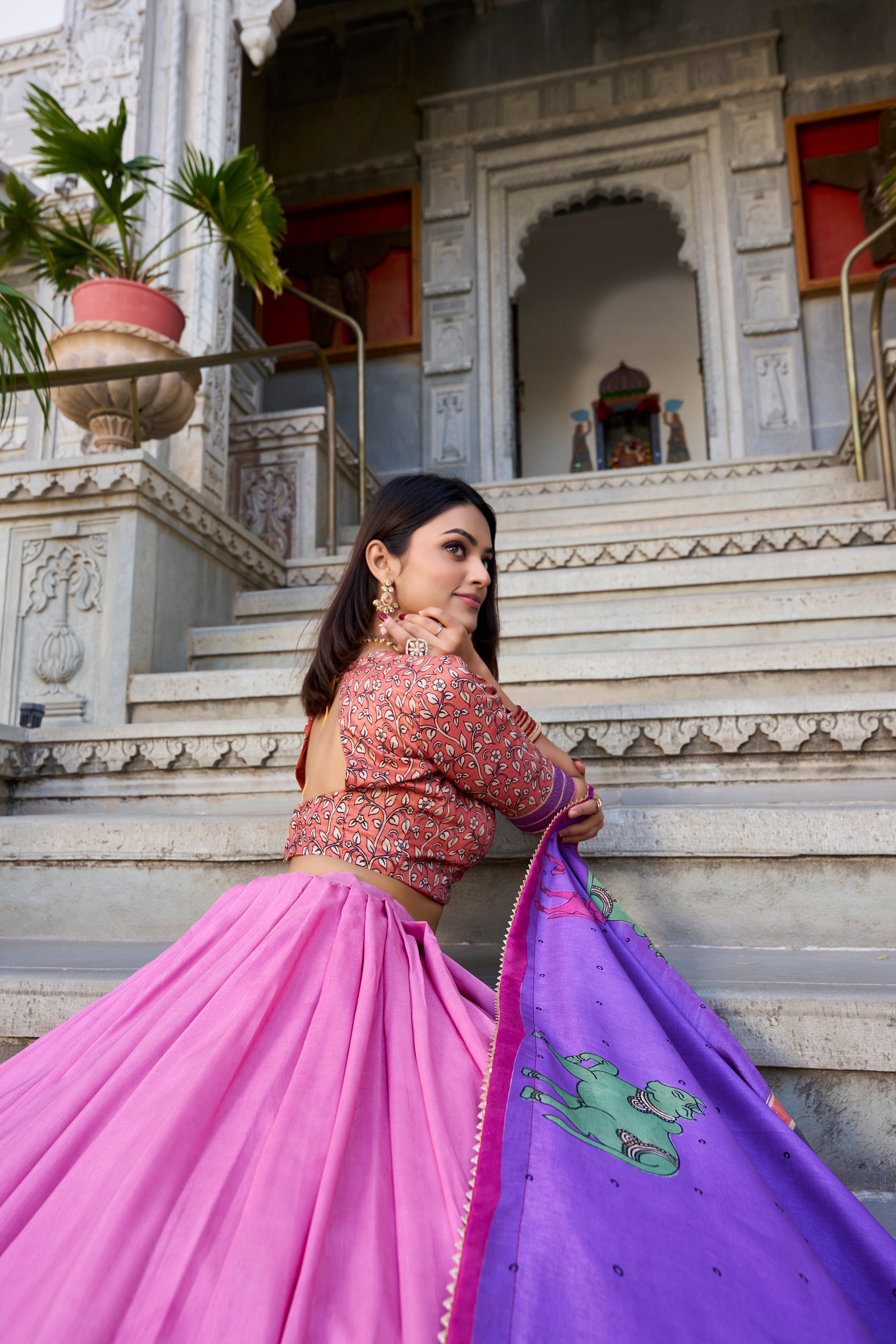 Peach Kalamkari Lehenga in Tussar Silk With Foil Work Lehenga