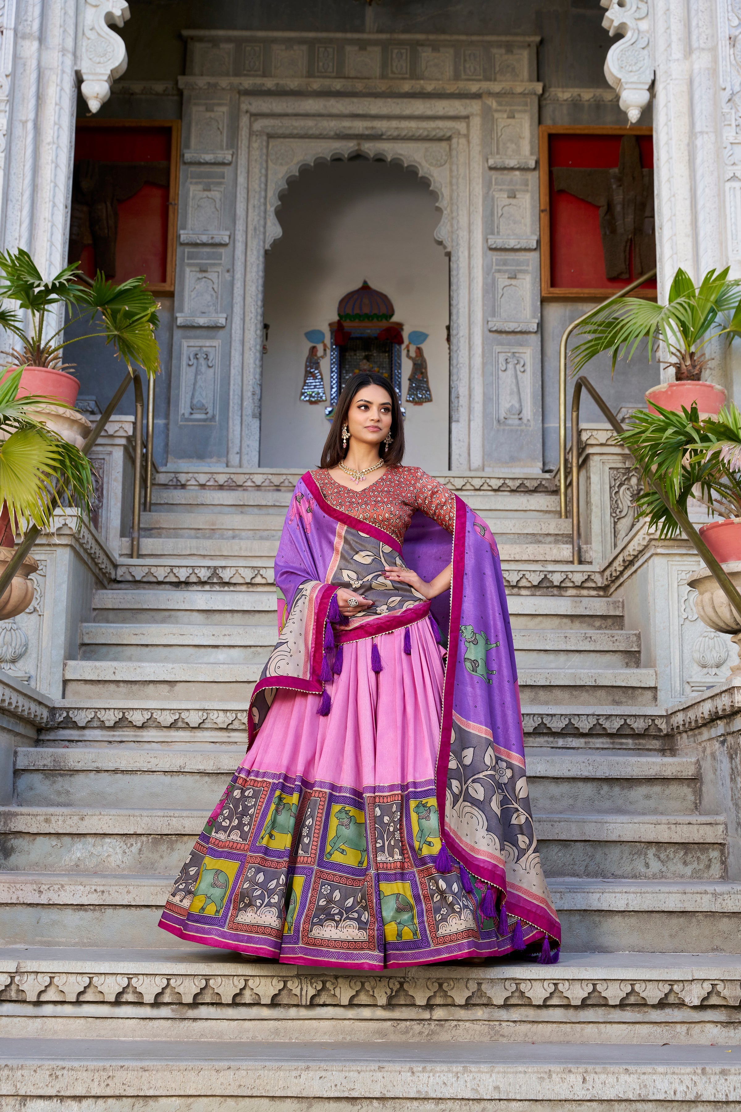 Peach Kalamkari Lehenga in Tussar Silk With Foil Work Lehenga