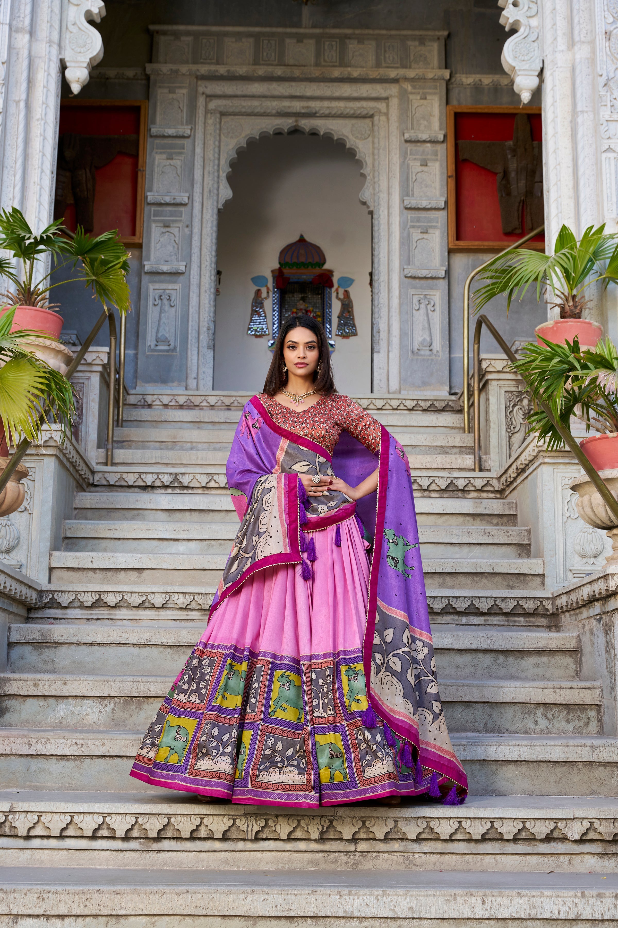 Peach Kalamkari Lehenga in Tussar Silk With Foil Work Lehenga