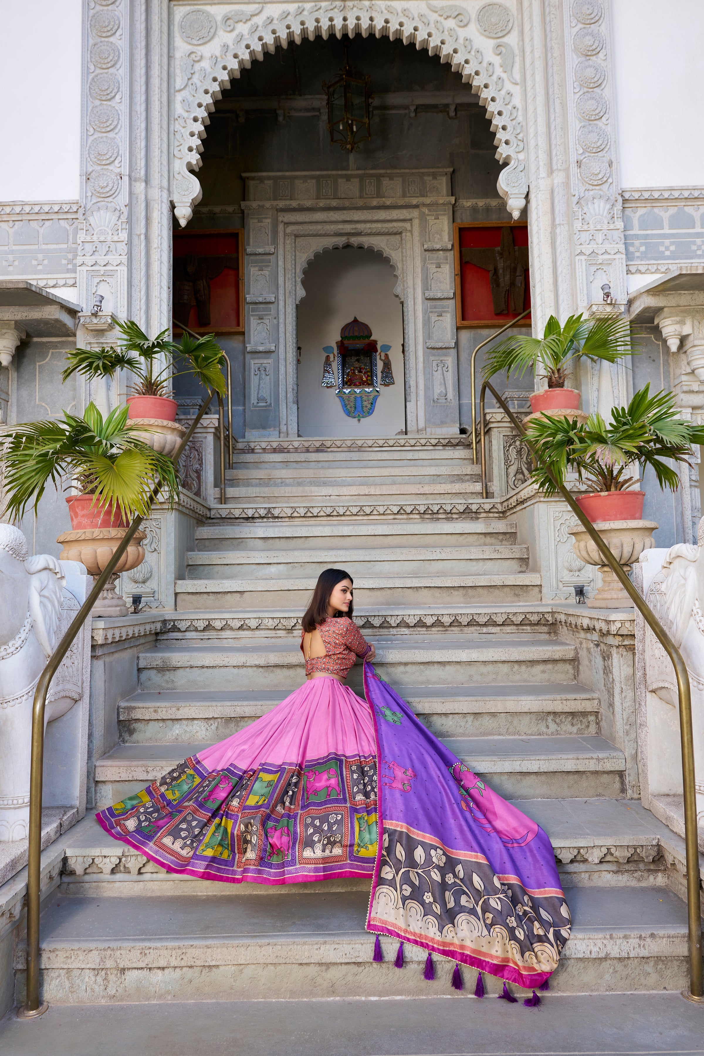 Peach Kalamkari Lehenga in Tussar Silk With Foil Work Lehenga