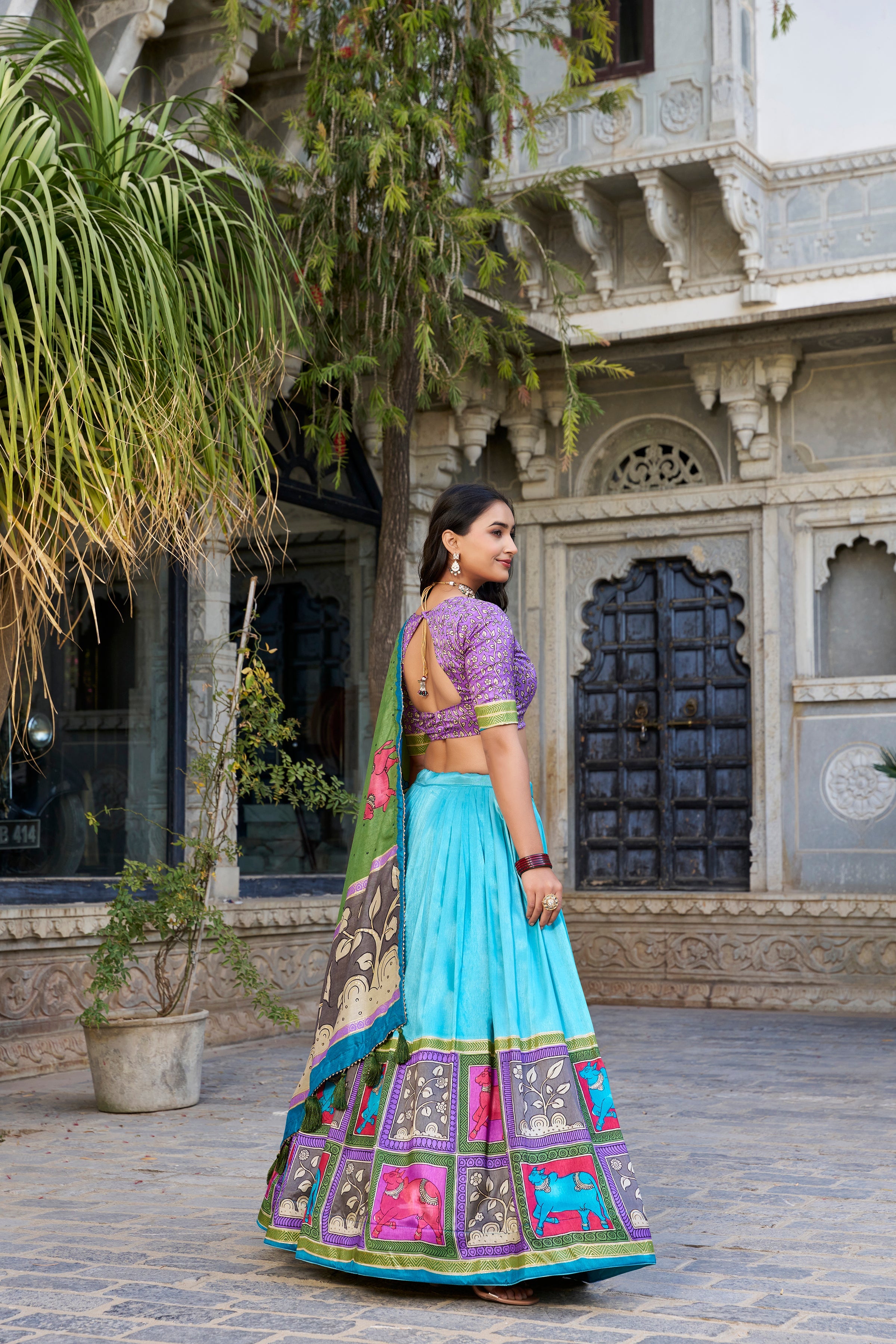 Sea Green Kalamkari Lehenga in Tussar Silk With Foil Work Lehenga