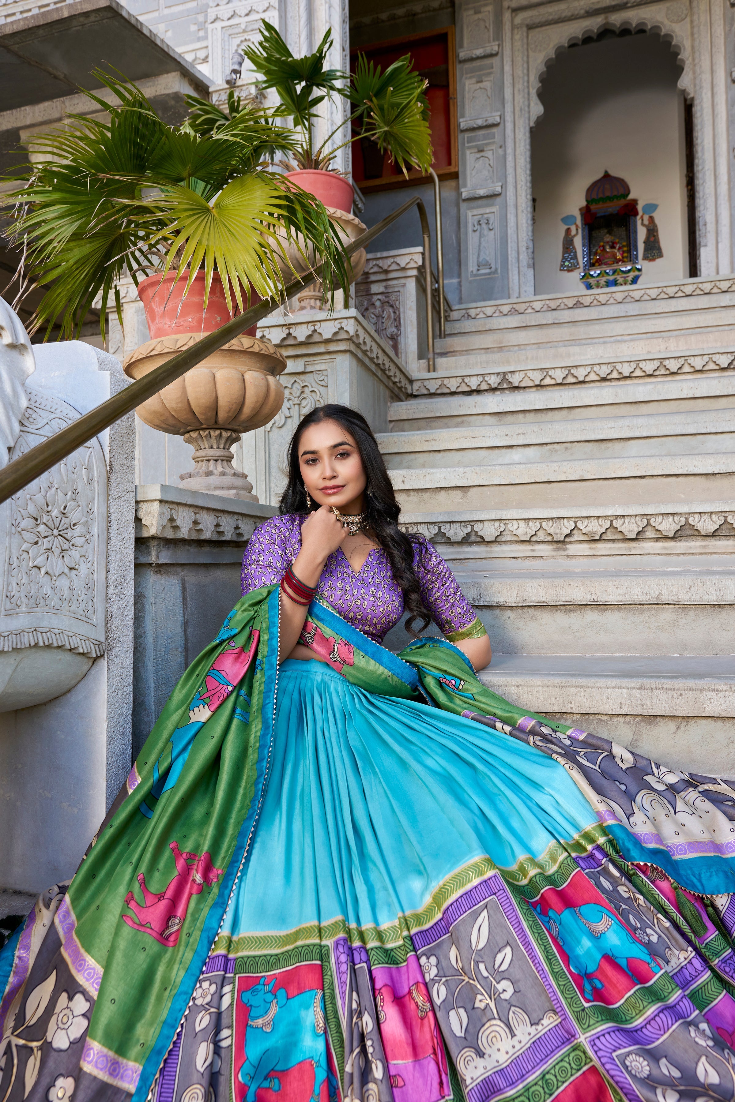 Sea Green Kalamkari Lehenga in Tussar Silk With Foil Work Lehenga