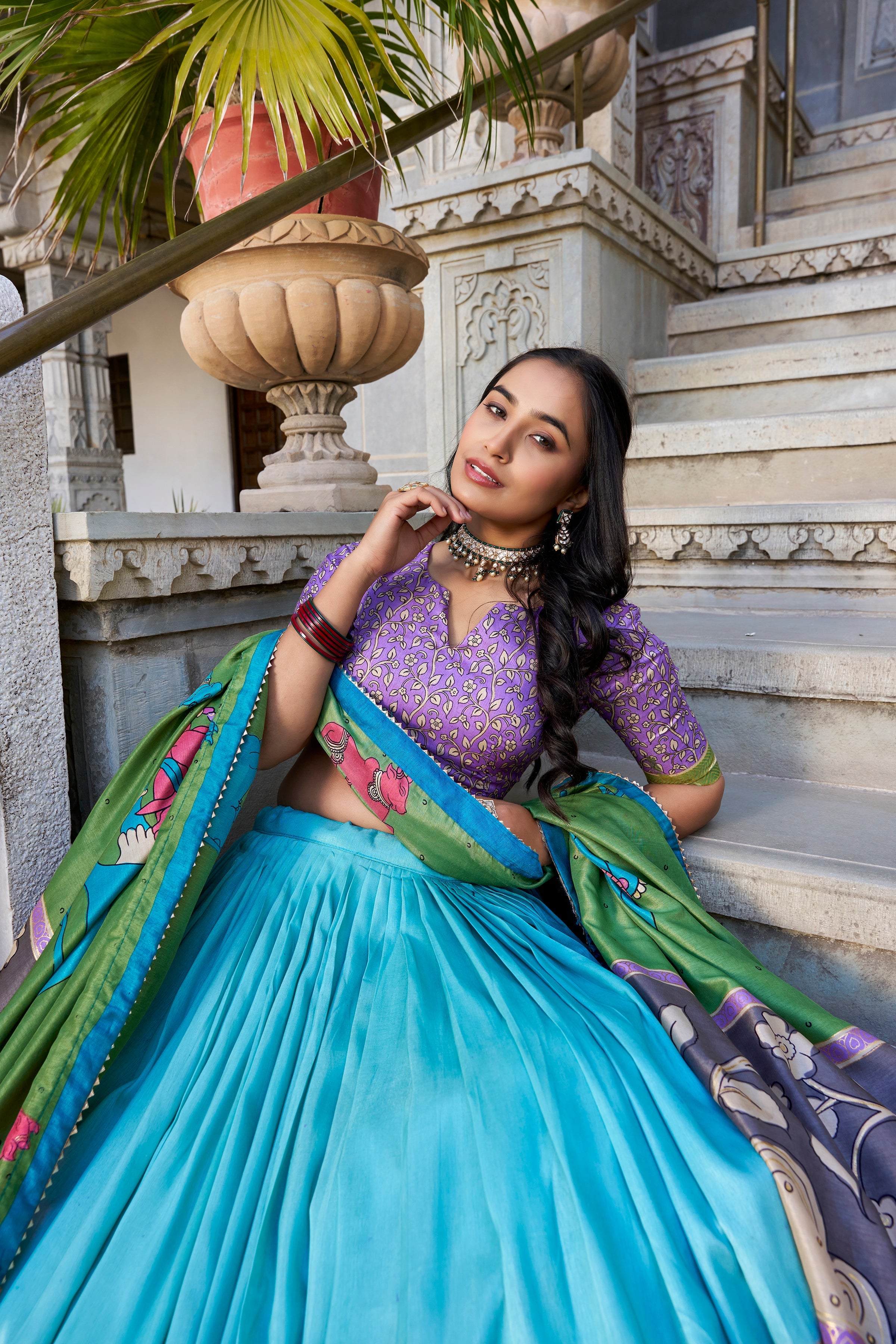 Sea Green Kalamkari Lehenga in Tussar Silk With Foil Work Lehenga