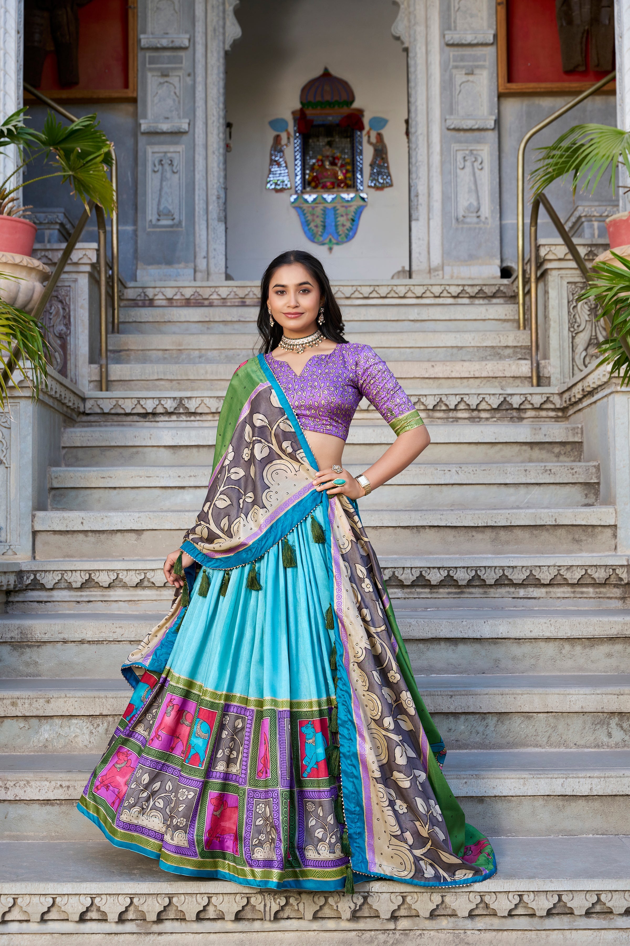 Sea Green Kalamkari Lehenga in Tussar Silk With Foil Work Lehenga