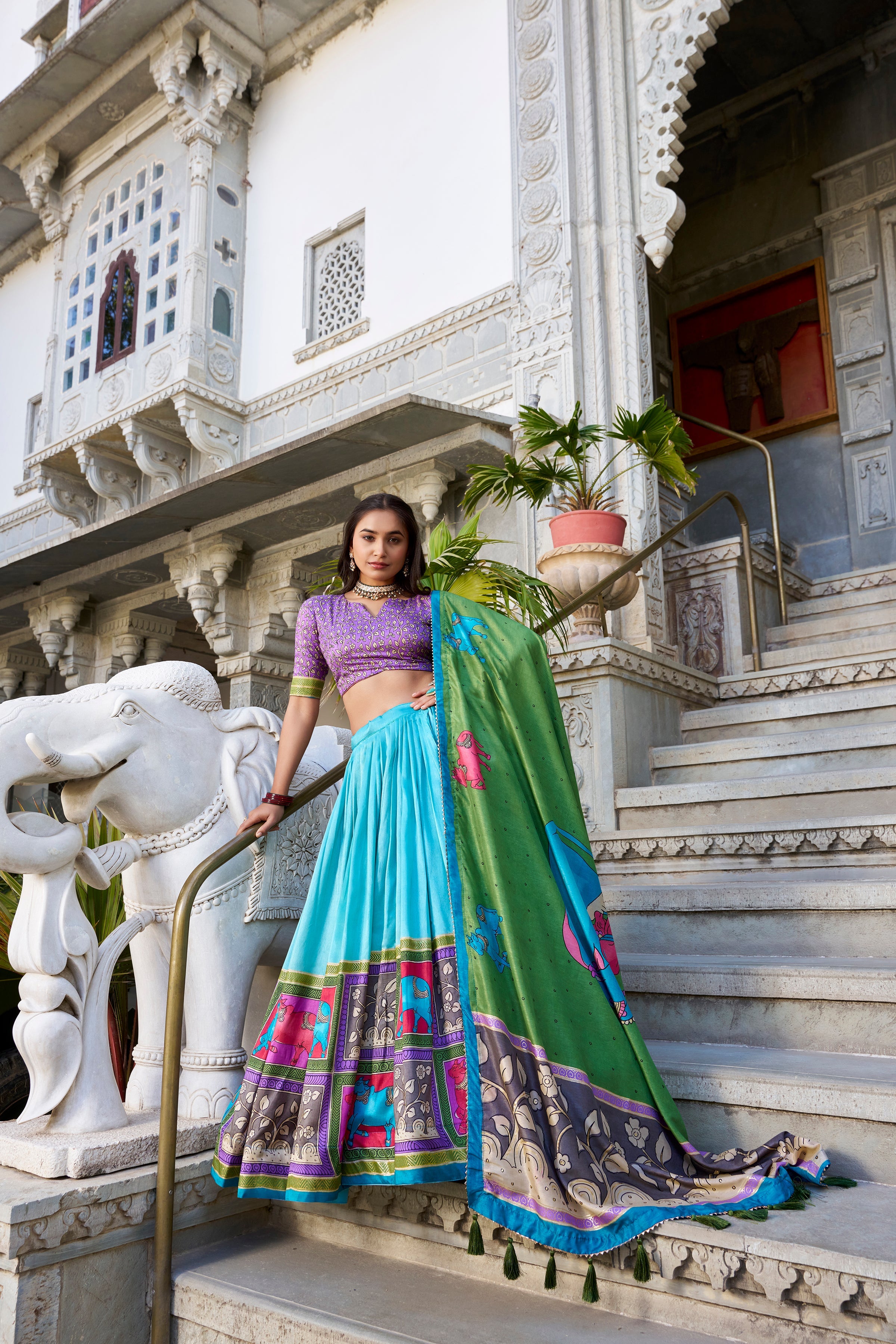 Sea Green Kalamkari Lehenga in Tussar Silk With Foil Work Lehenga