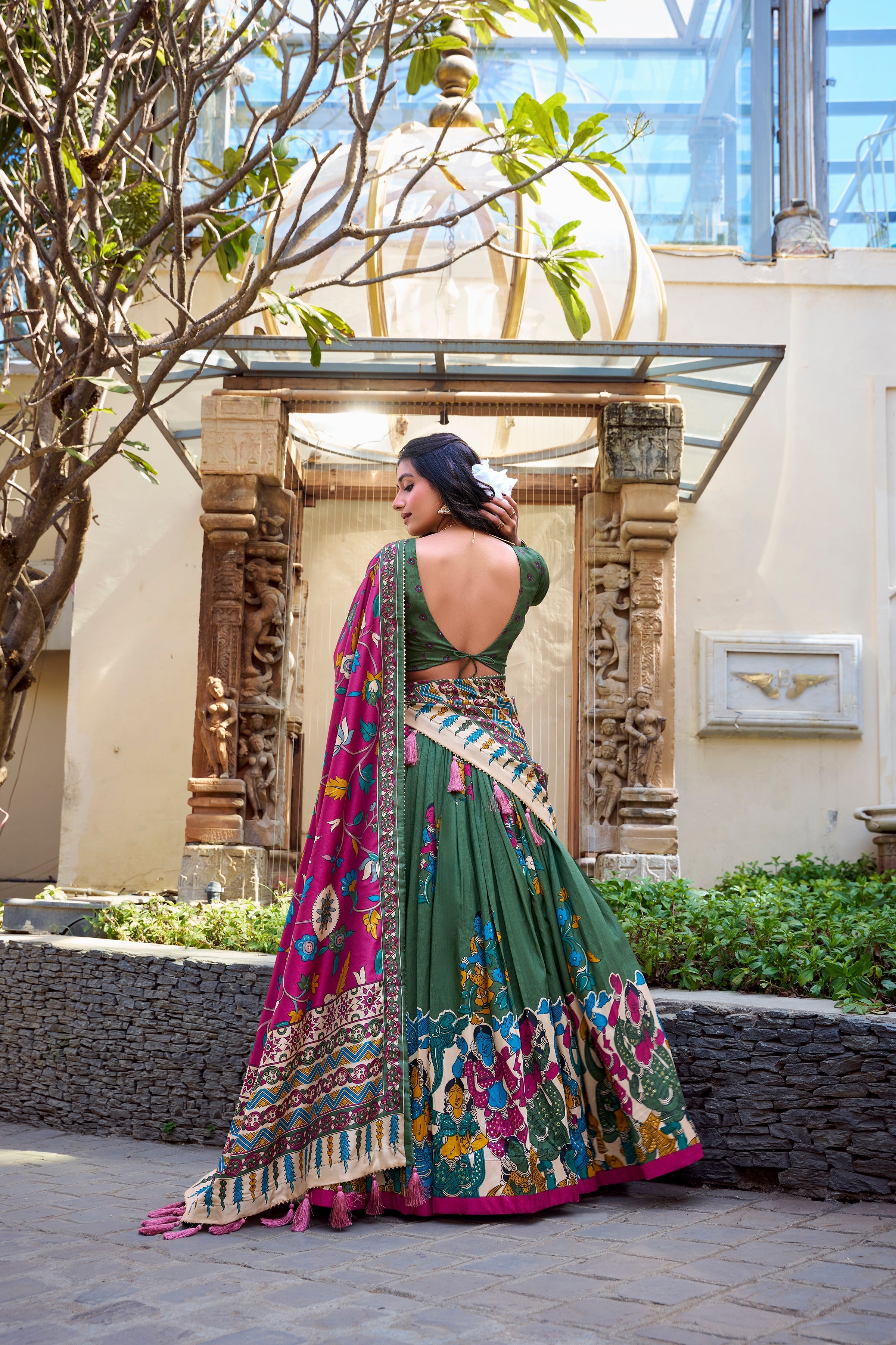 Navy Blue Color Kalamkari Print With Foil Work Tussar Silk Lehenga Choli