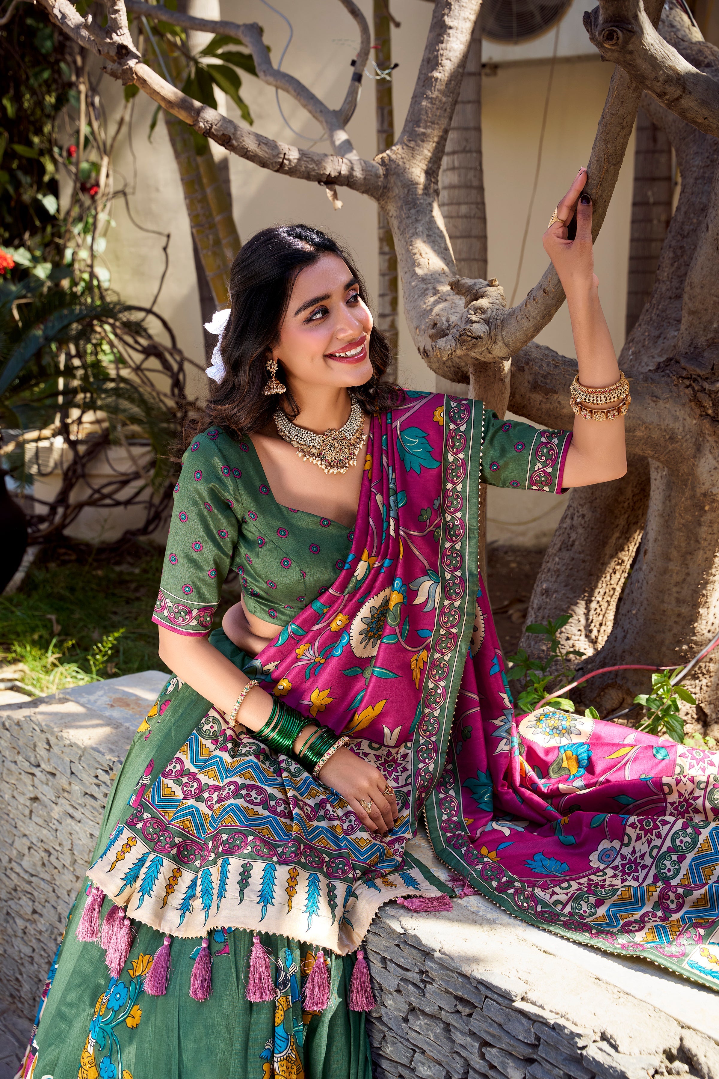 Navy Blue Color Kalamkari Print With Foil Work Tussar Silk Lehenga Choli