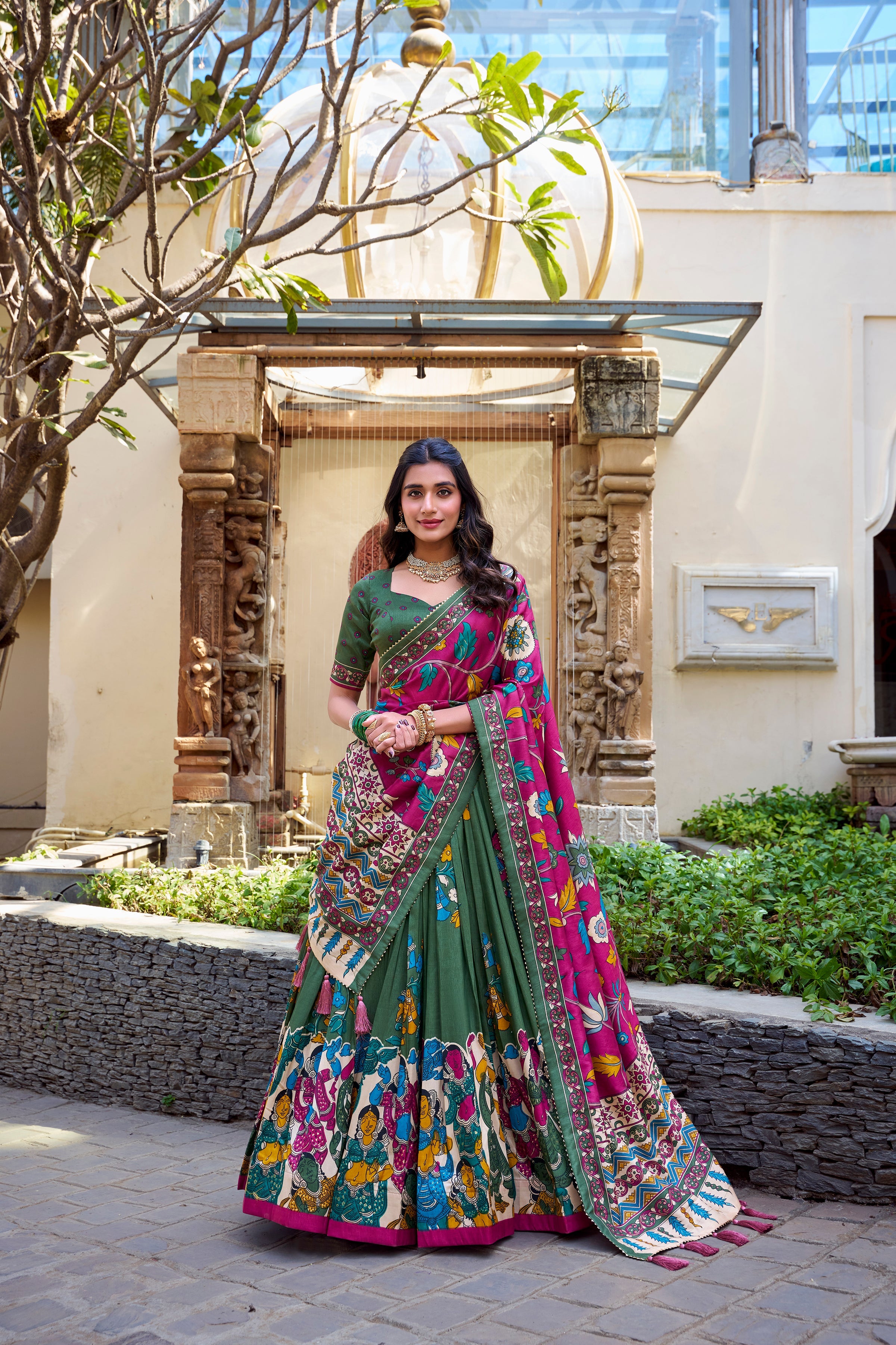 Navy Blue Color Kalamkari Print With Foil Work Tussar Silk Lehenga Choli