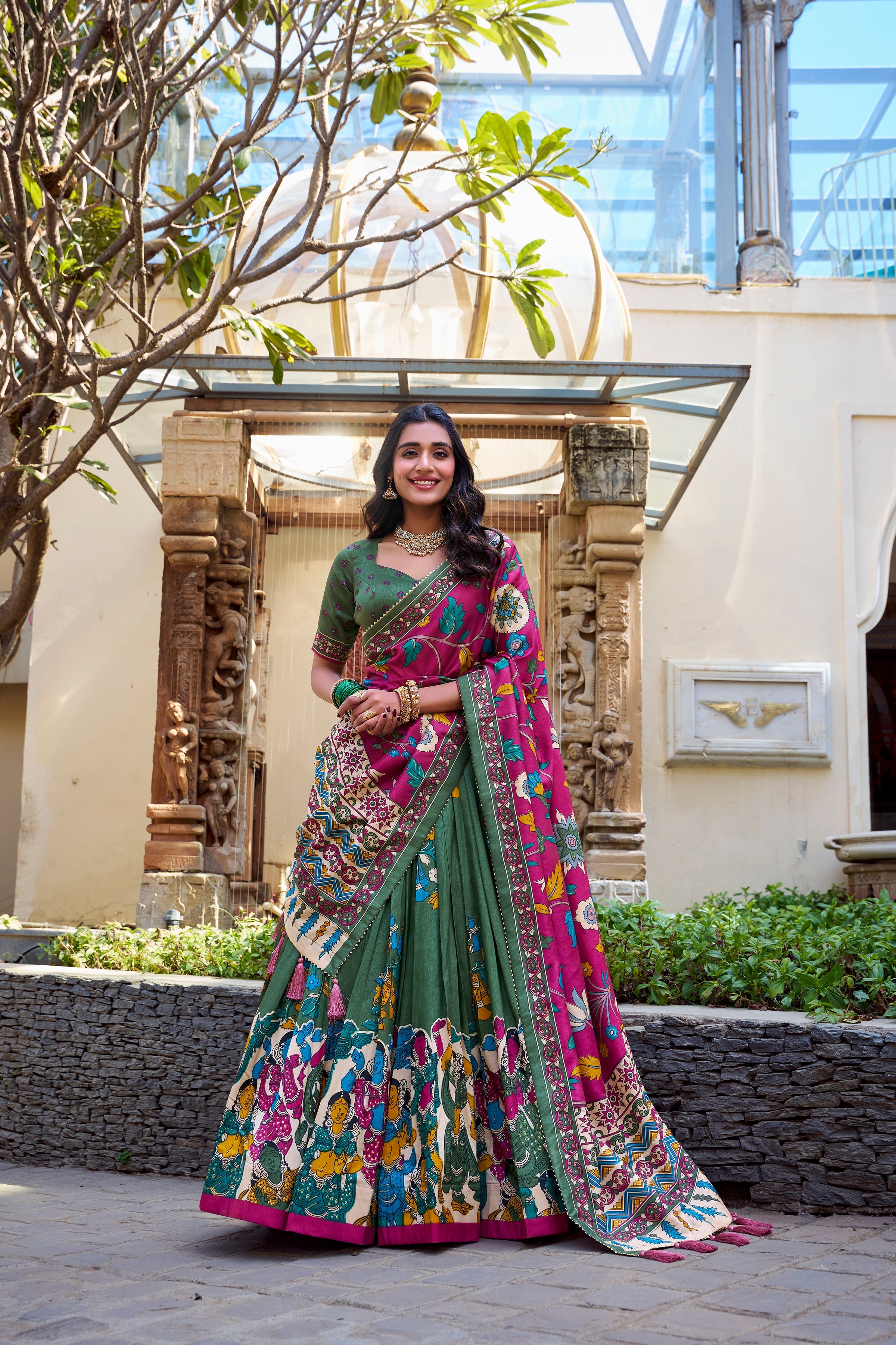Navy Blue Color Kalamkari Print With Foil Work Tussar Silk Lehenga Choli