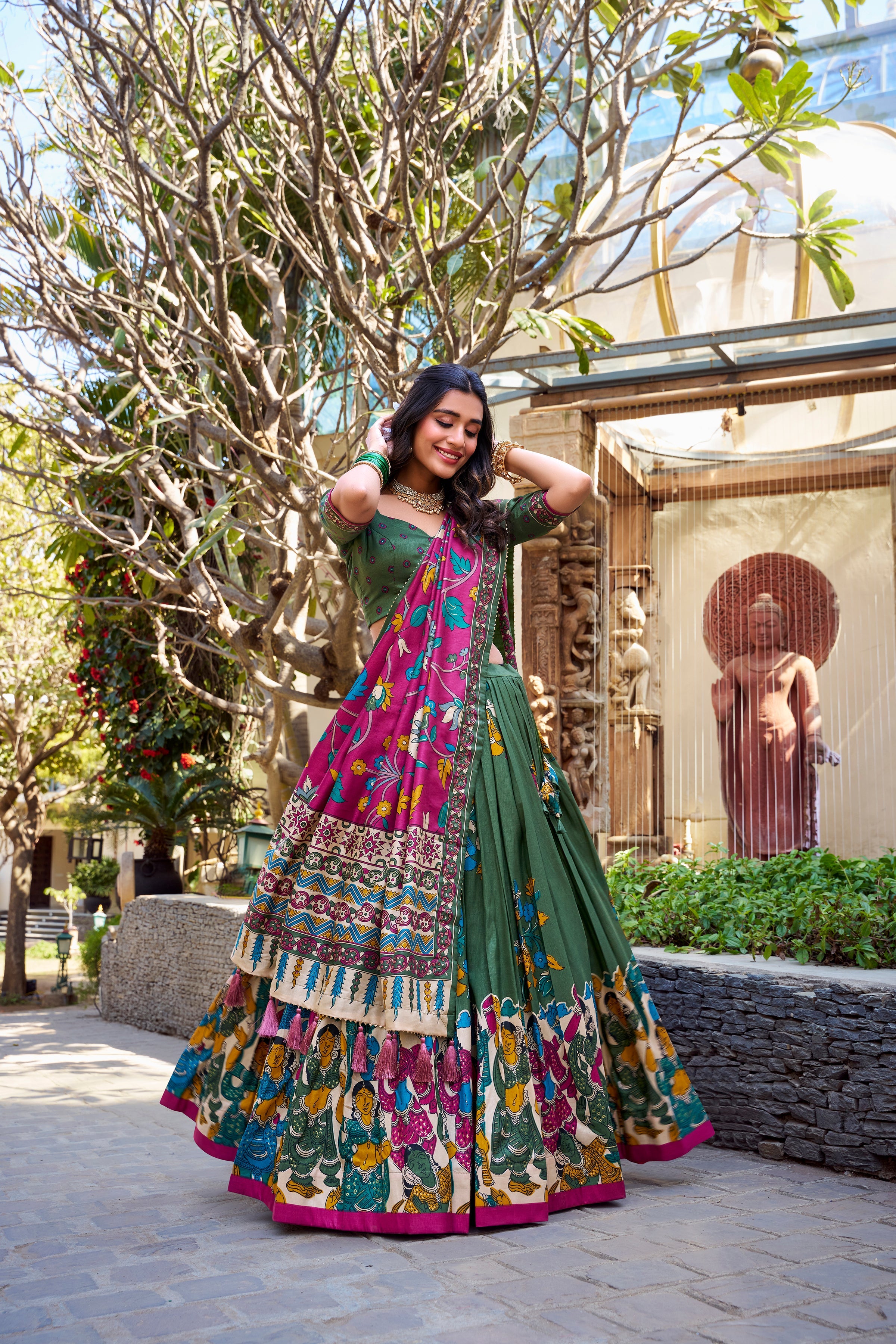 Navy Blue Color Kalamkari Print With Foil Work Tussar Silk Lehenga Choli
