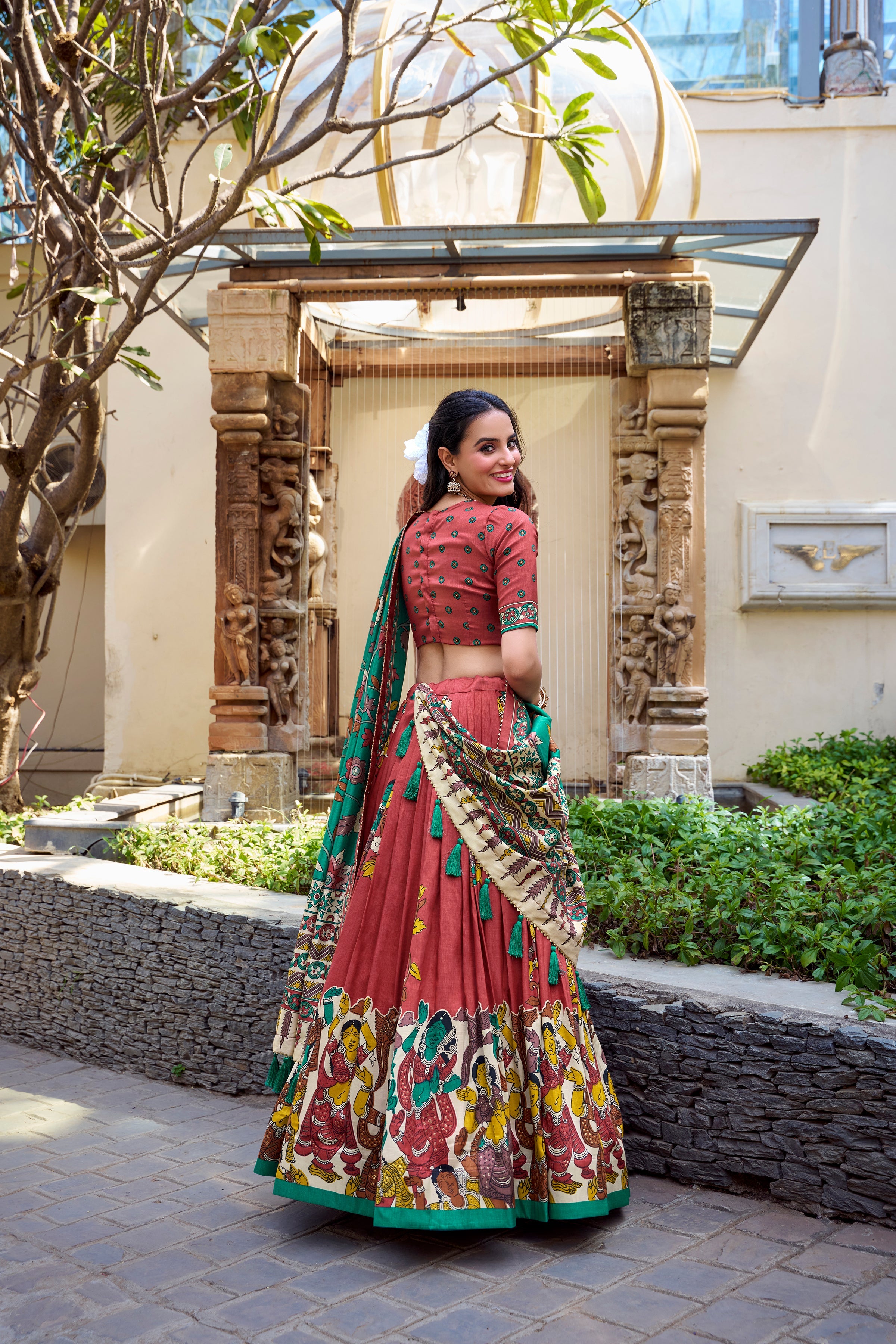 Salmon Color Kalamkari Print With Foil Work Tussar Silk Lehenga Choli