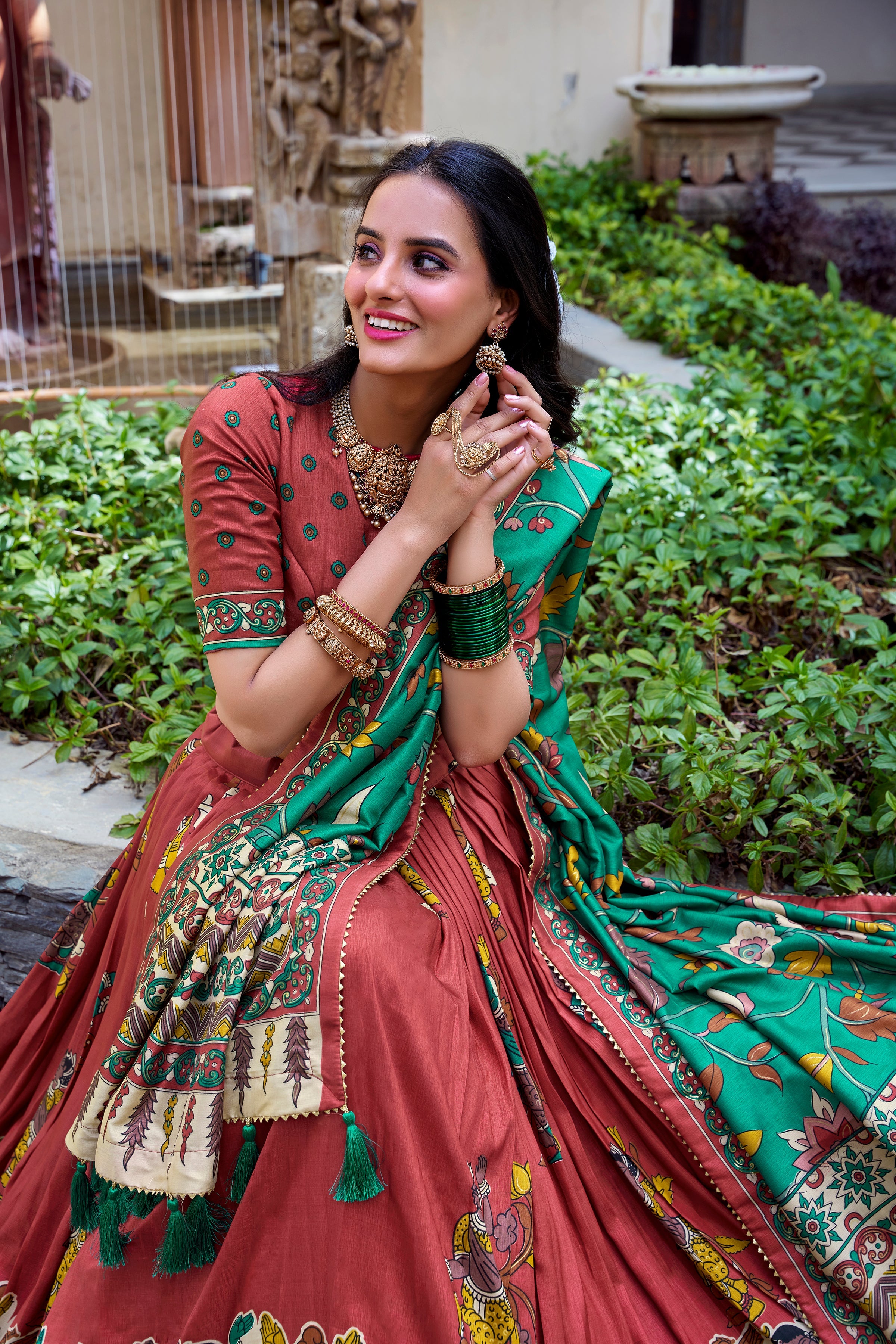 Salmon Color Kalamkari Print With Foil Work Tussar Silk Lehenga Choli