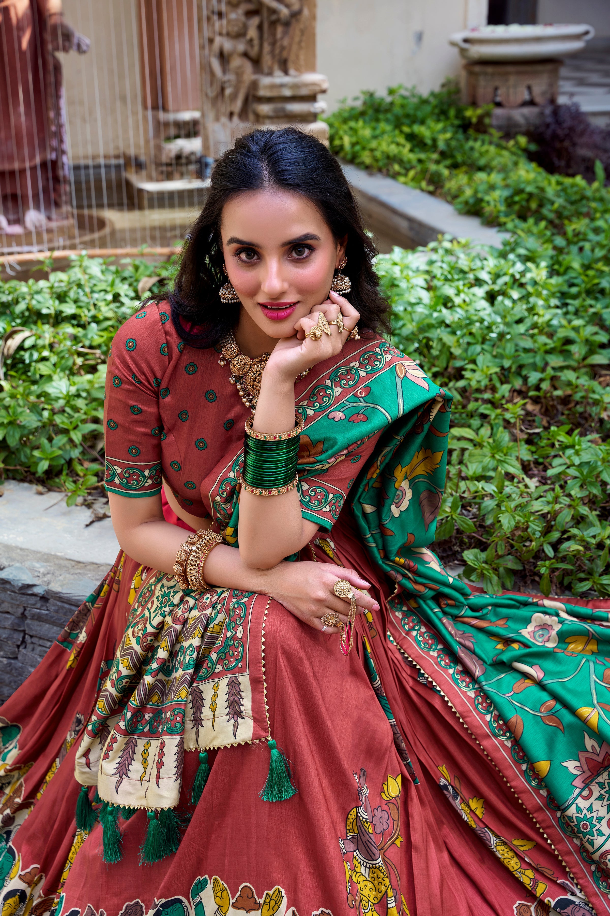 Salmon Color Kalamkari Print With Foil Work Tussar Silk Lehenga Choli