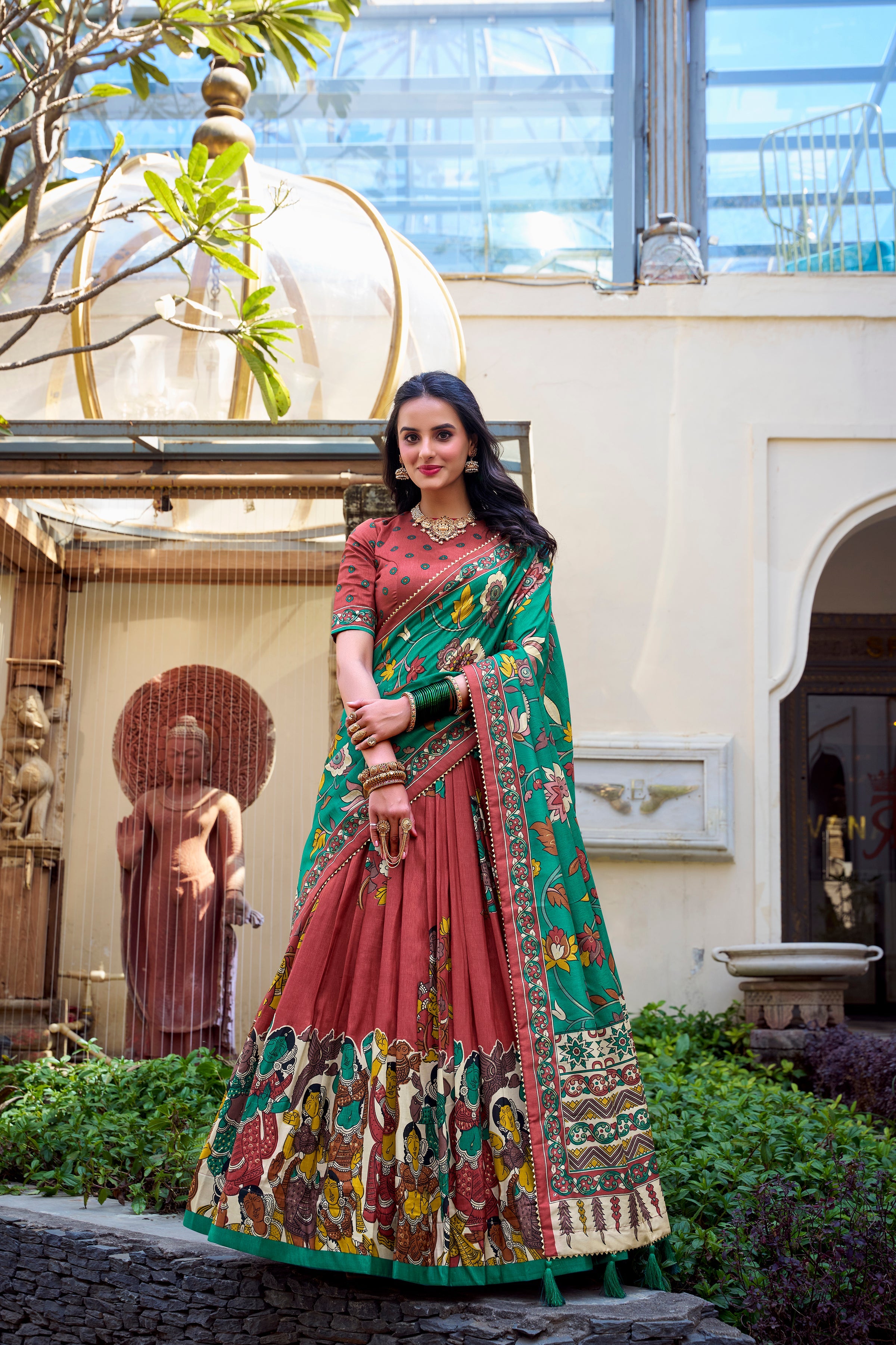 Salmon Color Kalamkari Print With Foil Work Tussar Silk Lehenga Choli