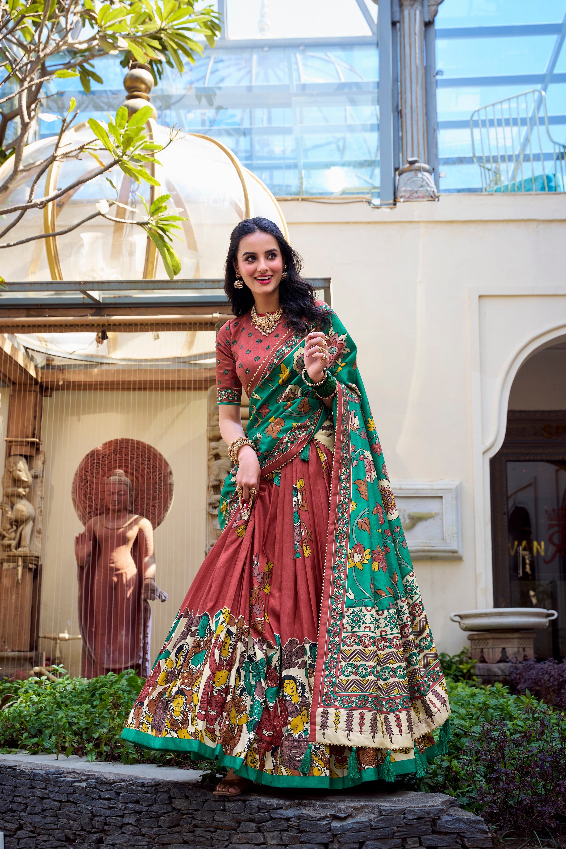 Salmon Color Kalamkari Print With Foil Work Tussar Silk Lehenga Choli