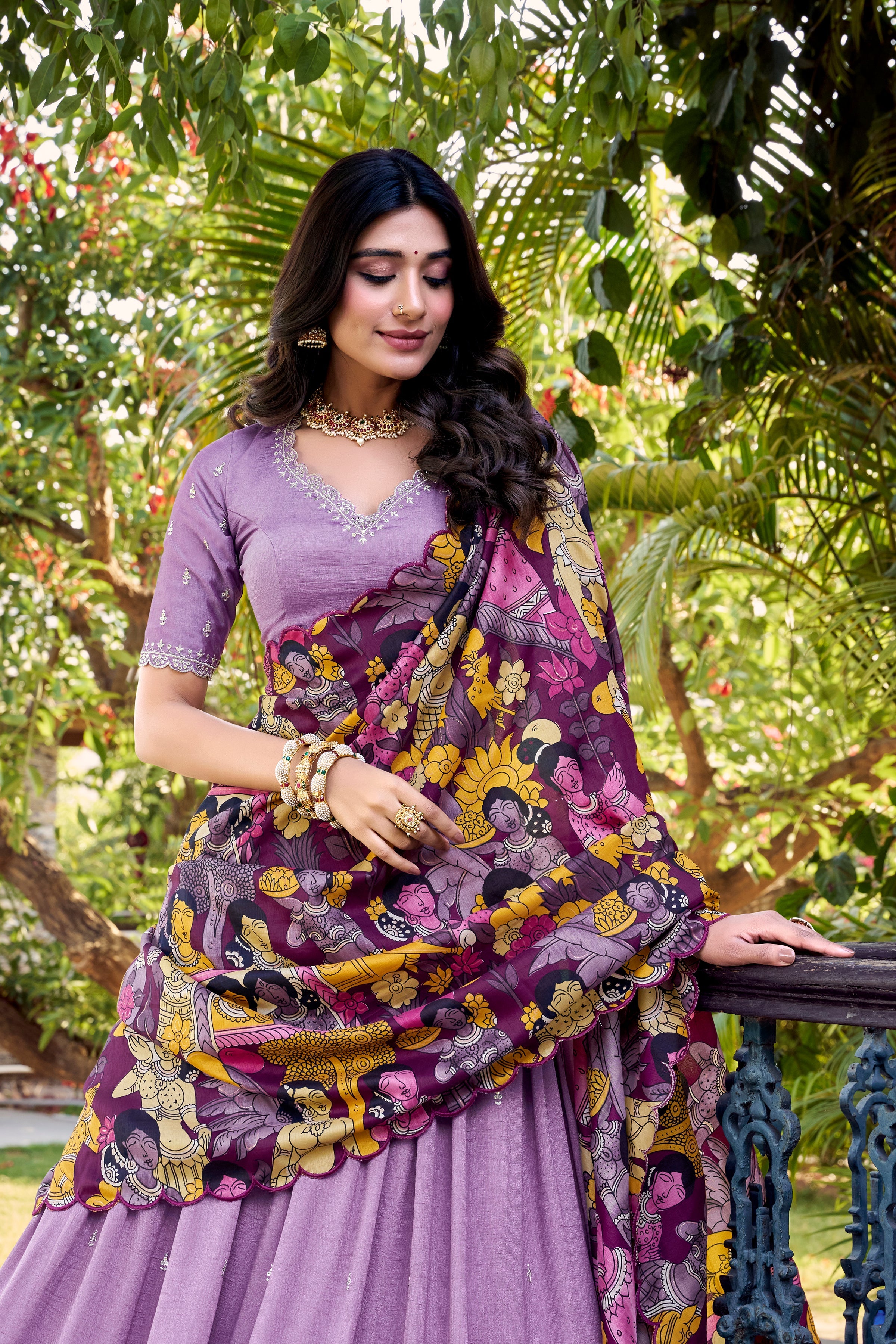 Lavender Color Sequins And Thread Embroidery Work Vichitra Silk Lehenga