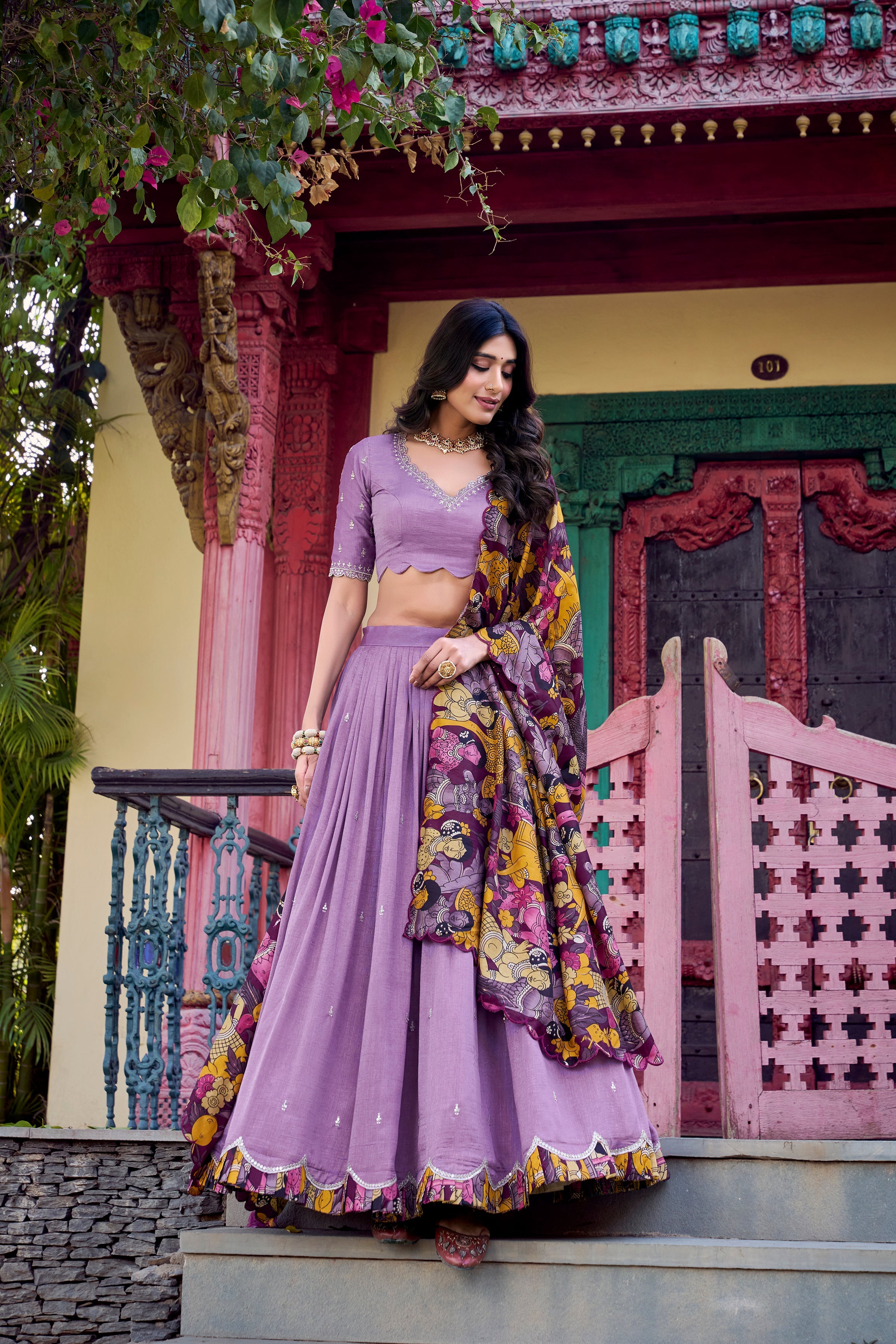 Lavender Color Sequins And Thread Embroidery Work Vichitra Silk Lehenga