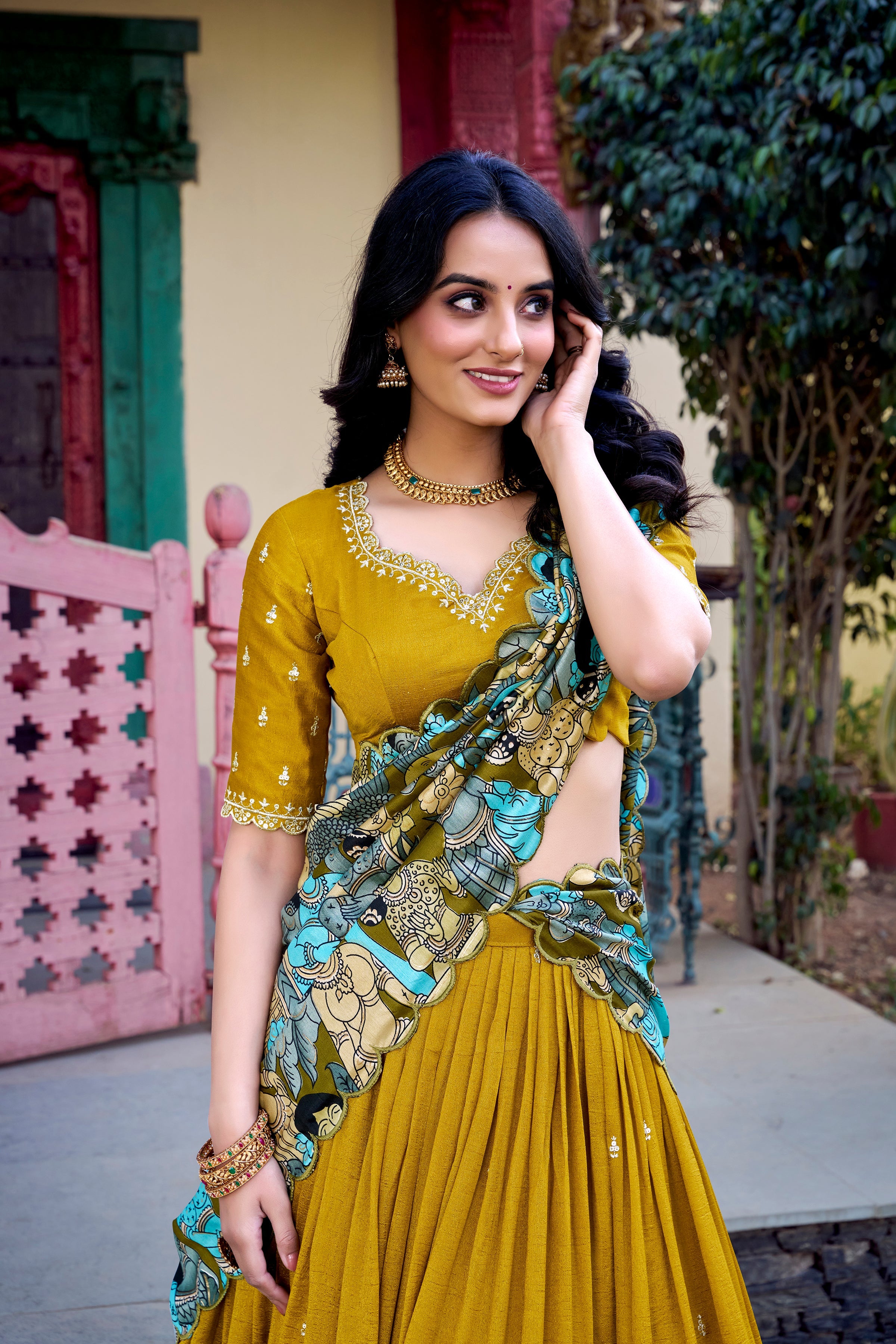 Mustard Color Sequins And Thread Embroidery Work Vichitra Silk Lehenga