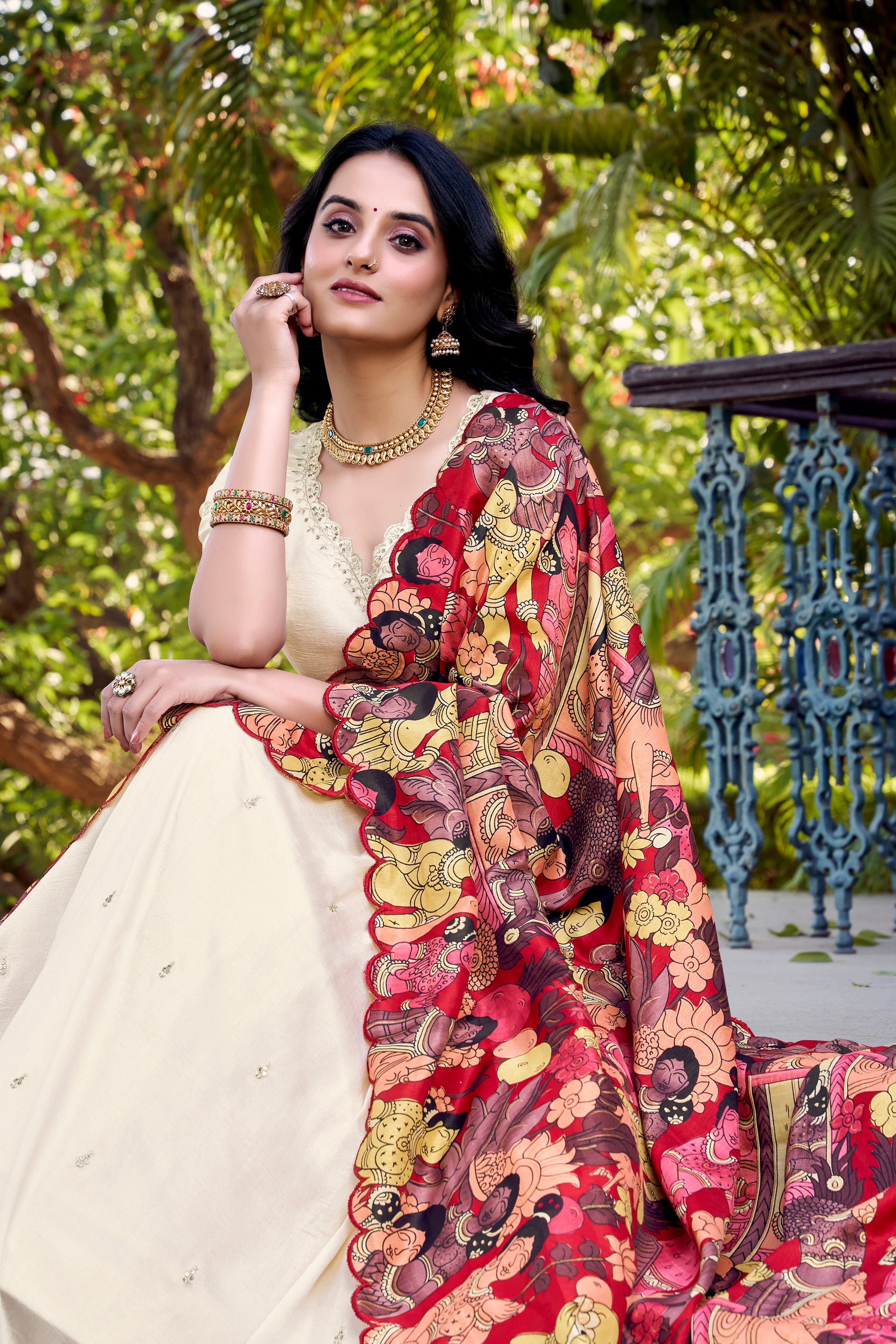 Off White Color Sequins And Thread Embroidery Work Vichitra Silk Lehenga