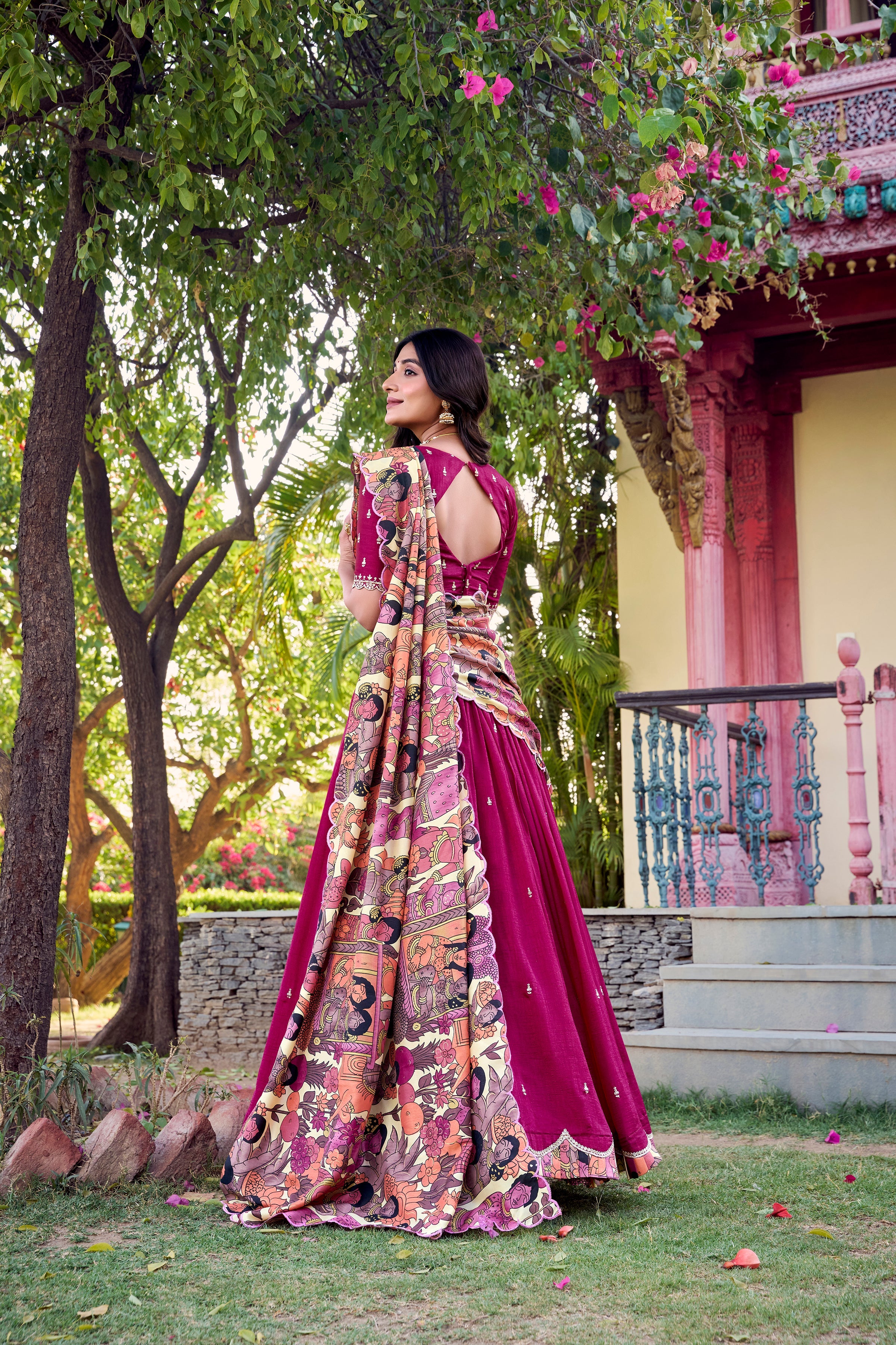 Pink Color Sequins And Thread Embroidery Work Vichitra Silk Lehenga