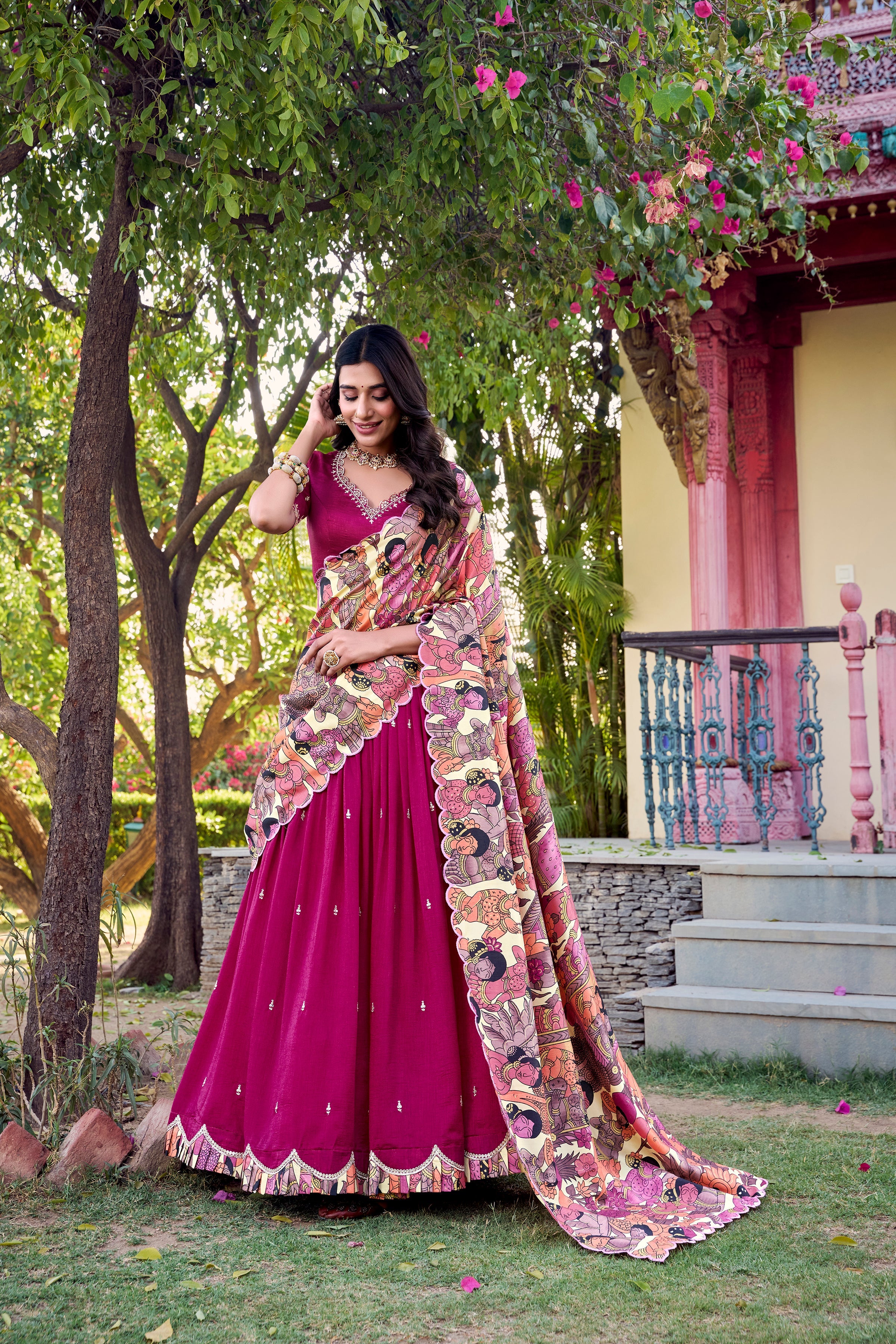 Pink Color Sequins And Thread Embroidery Work Vichitra Silk Lehenga